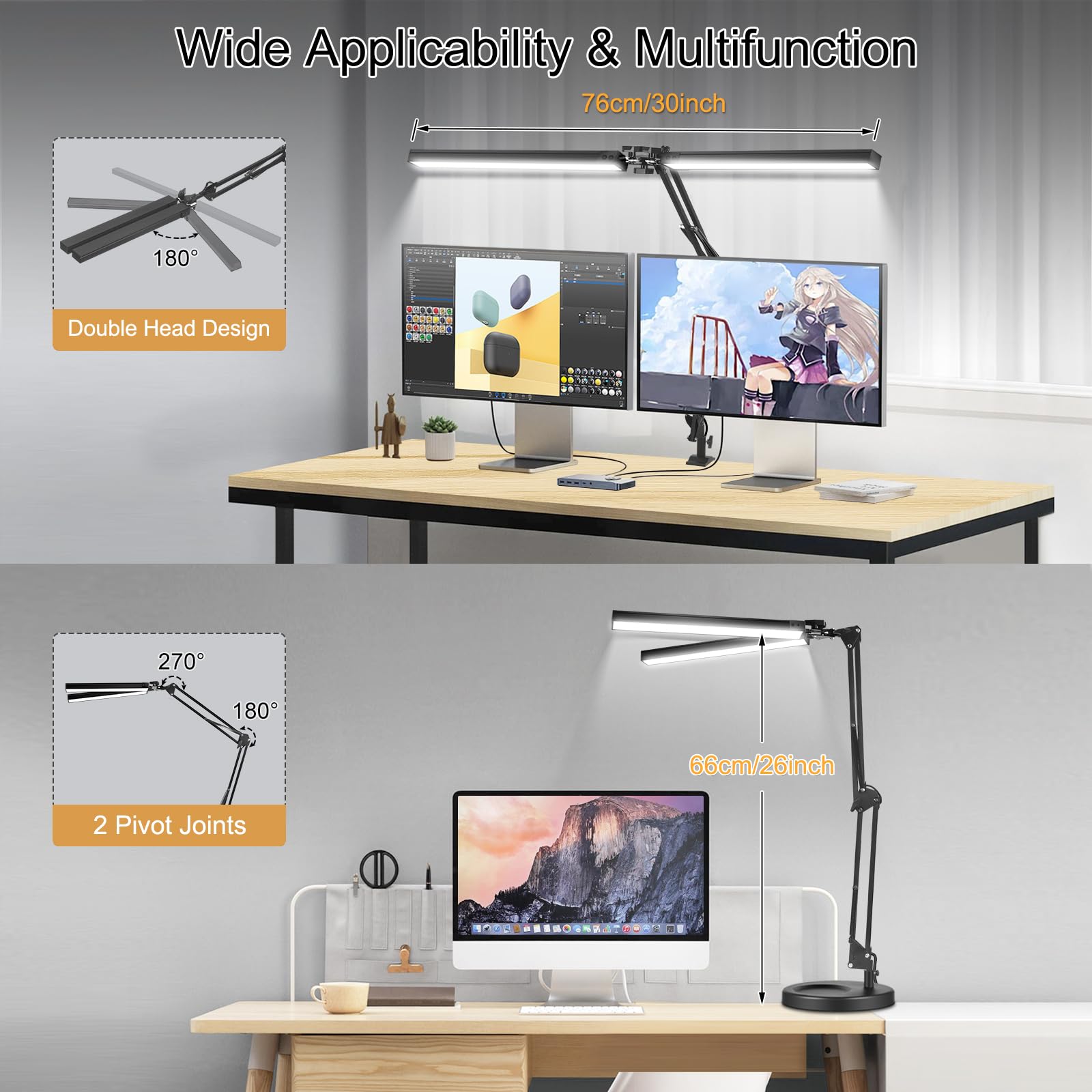 MOLOOR 2-in-1 LED Desk Lamp - 24W, Black, Flexible Swing Arm, 3 Color Modes, Stepless Dimming, Clamp for Home Office & Reading