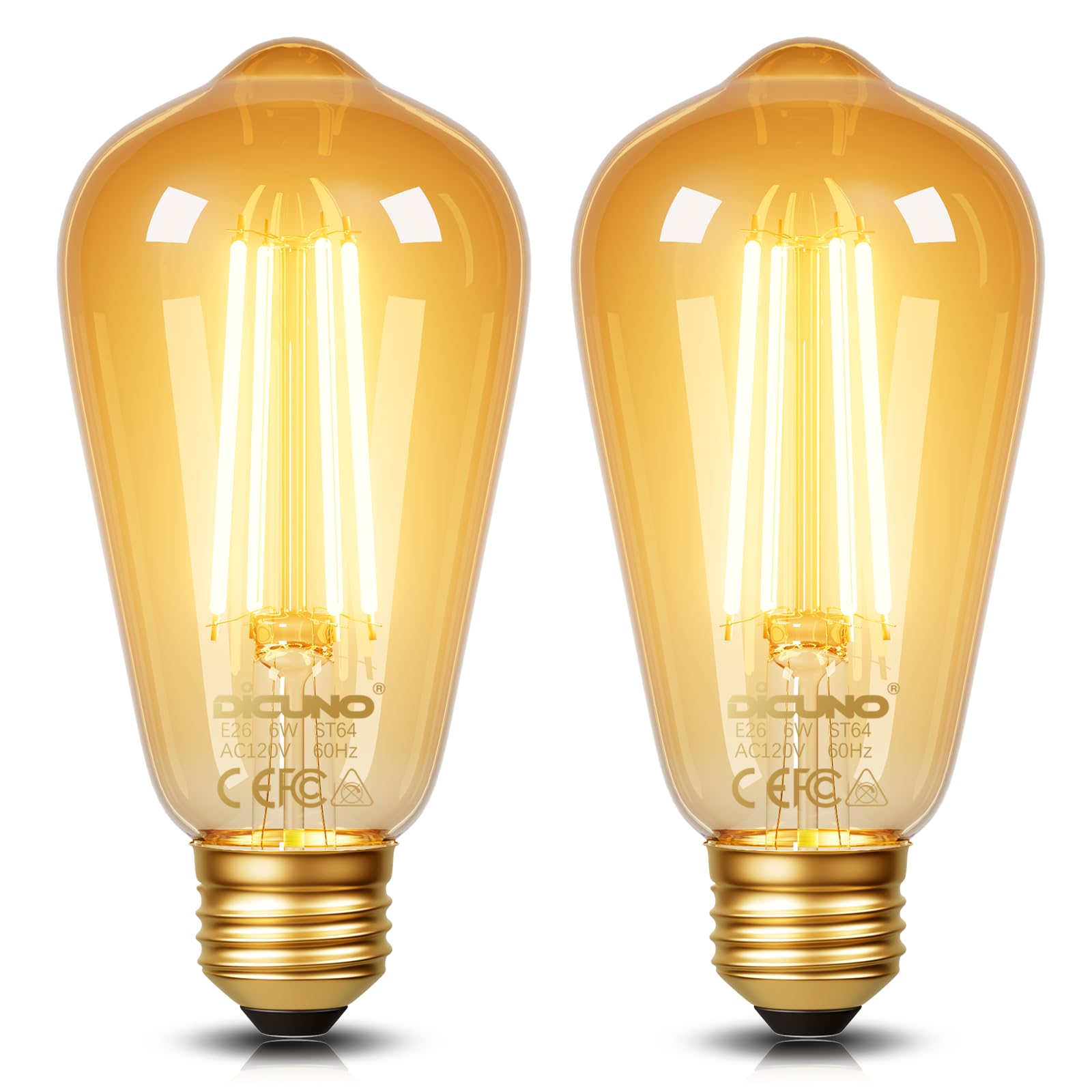 DiCUNO E26 Edison Bulbs 60W LED ST64, 600LM, Amber Glass, 2200K Warm Light, Pack of 2