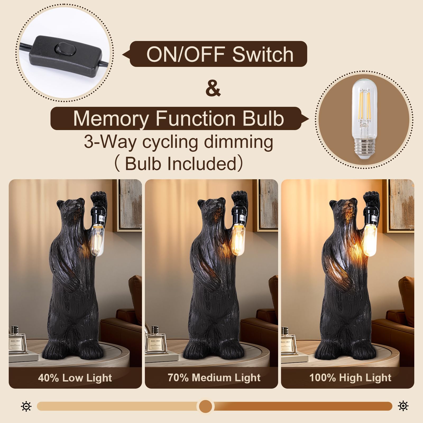 Scenekoy Bear Table Lamp For Living Room Bedroom, Memory Function, 3 Way Cycling Dimming, Resin Gothic Style Bedside Nightstand