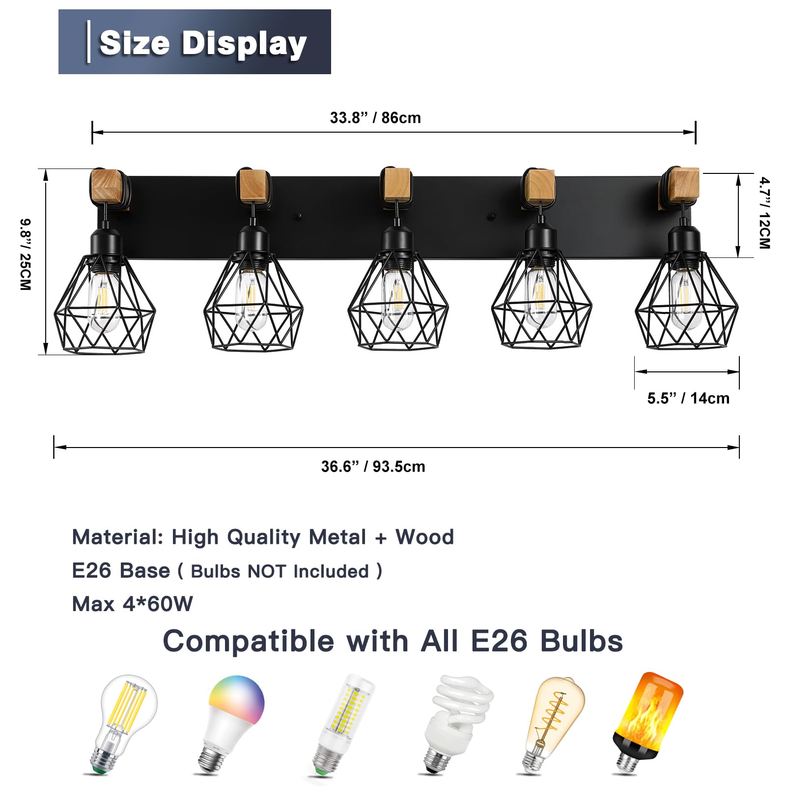 Maesta 5-Light Bathroom Vanity Light Fixtures, Rustic Metal Sconces, Black, Model MA022