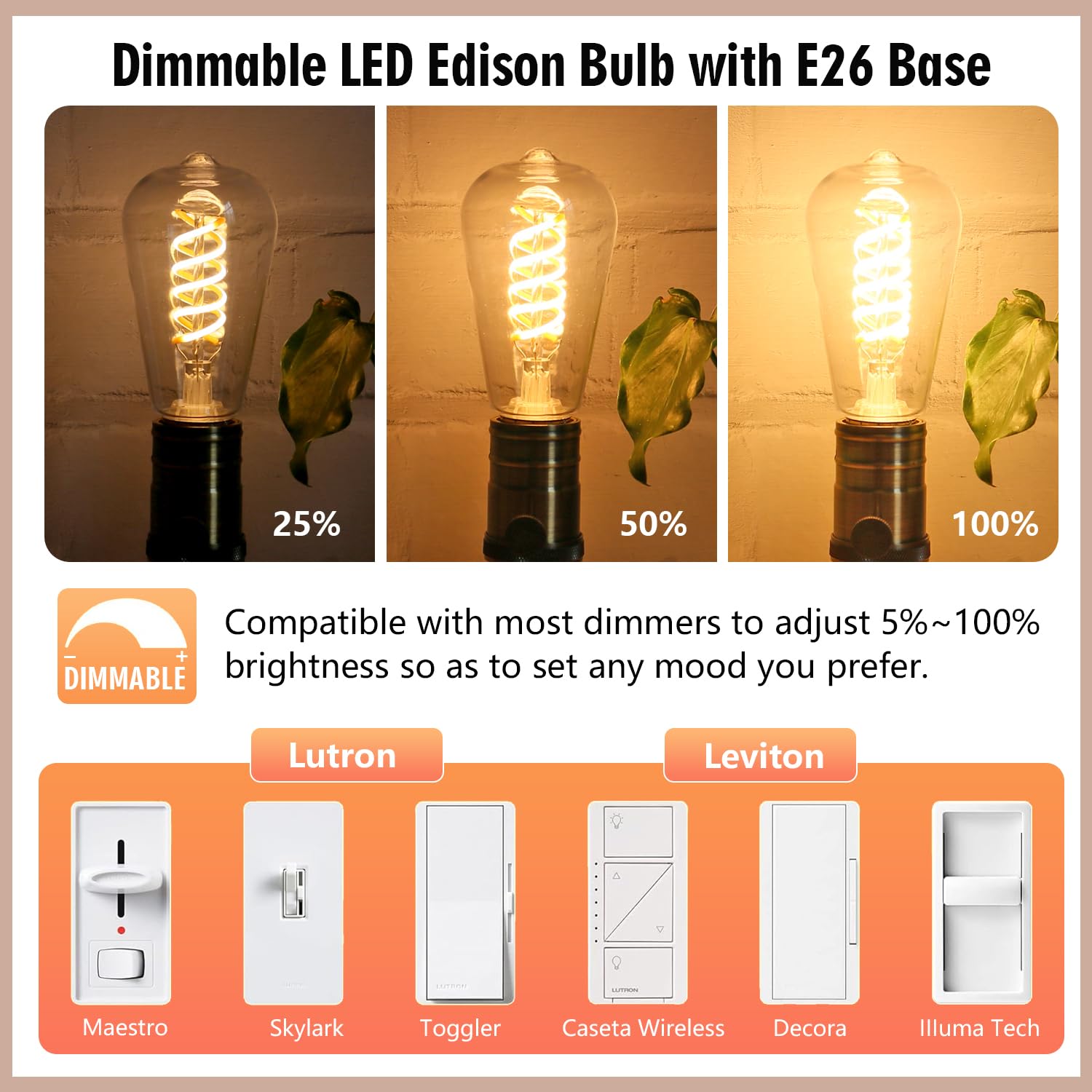 Emymlite 8 - Pack Dimmable Vintage Led Edison Bulbs, E26 Led Bulb 60 Watt Equivalent, Warm White 2700K, St19/St58 Antique Spiral