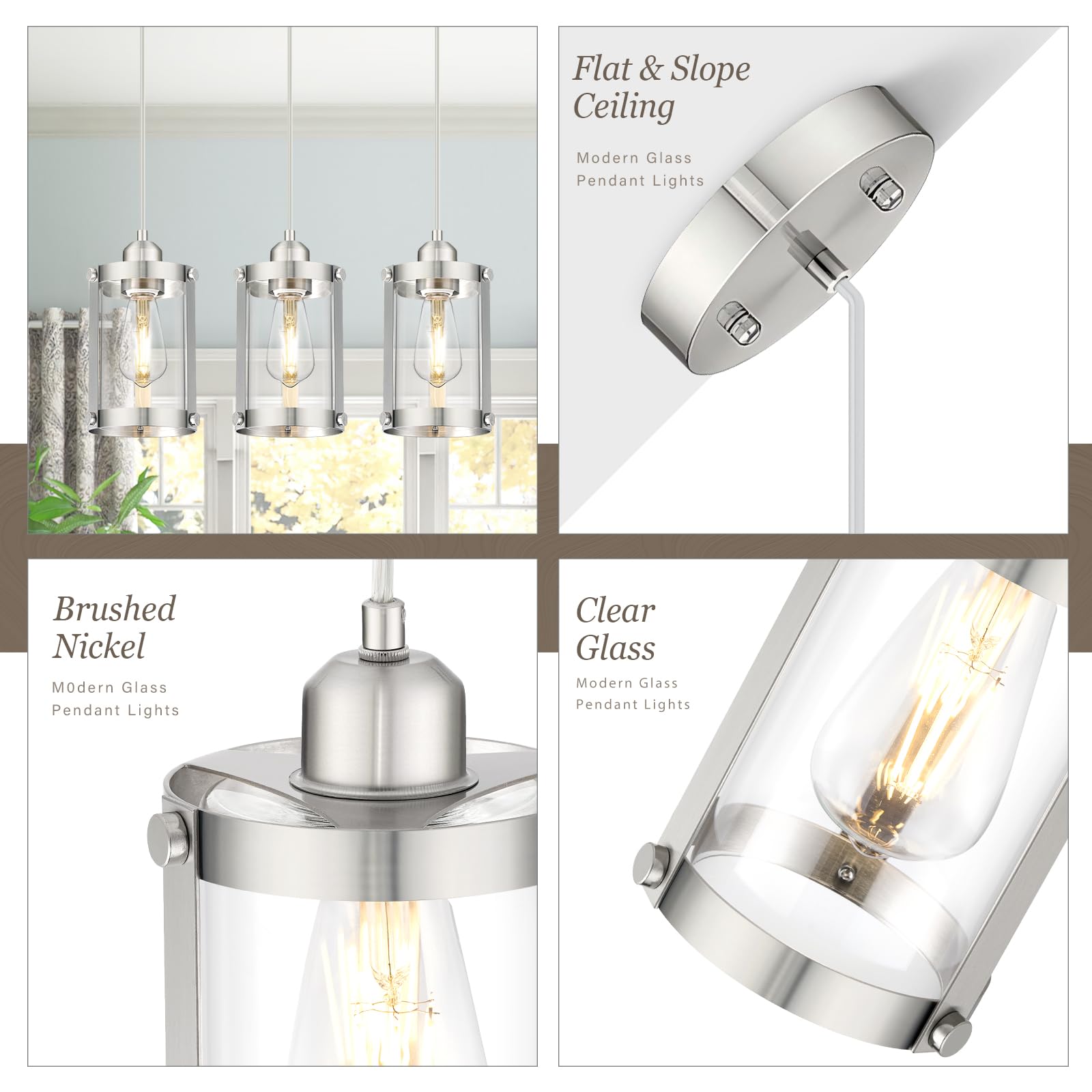 Osimir Brushed Nickel Pendant Lights Kitchen Island 3 Pack, Modern Kitchen Pendant Lighting Over Island With Clear Glass, Farmho