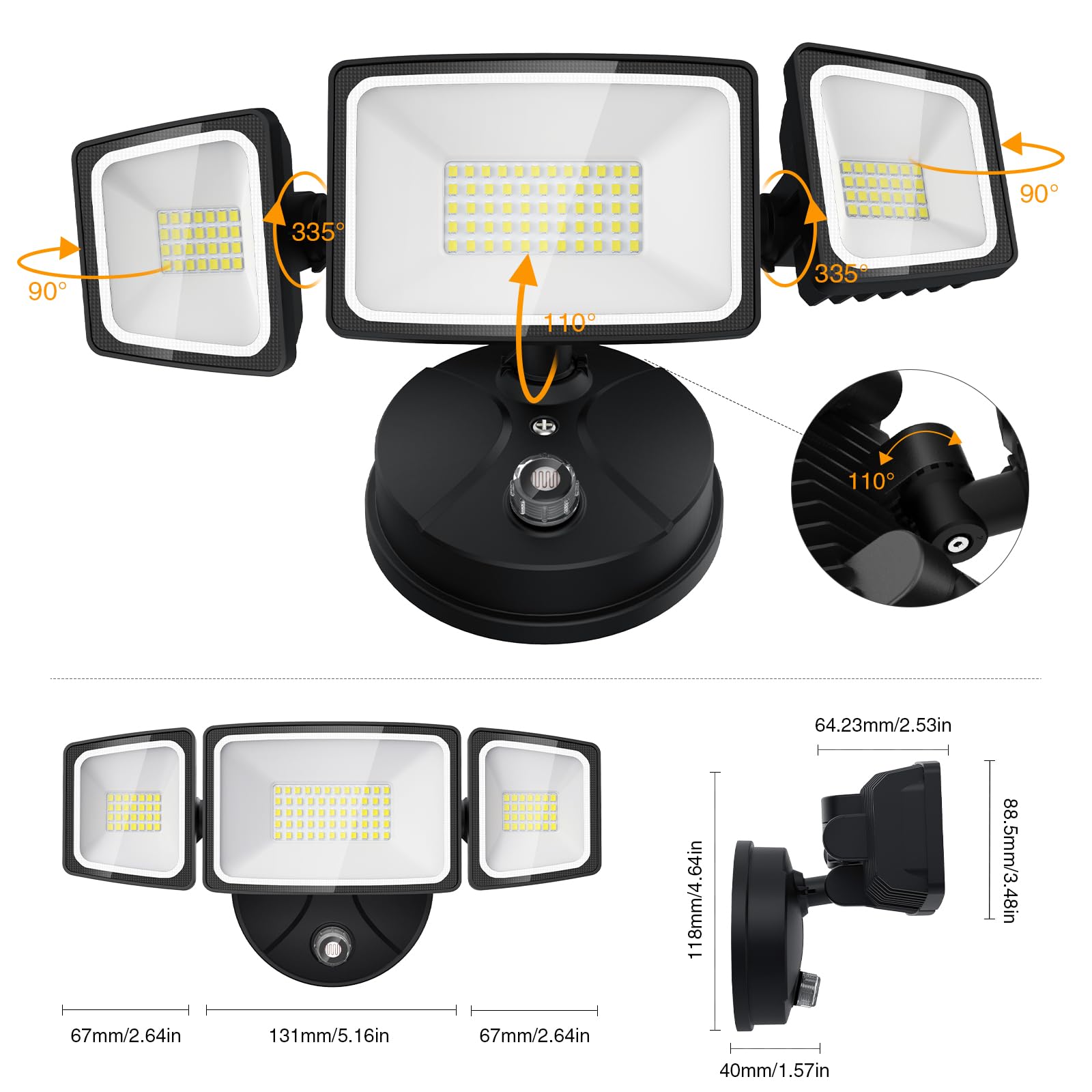 Onforu 60W LED Dusk to Dawn Flood Lights, 6000LM, IP65 Waterproof, 3 Adjustable Heads, 6500K Daylight White, Black, Model BDB
