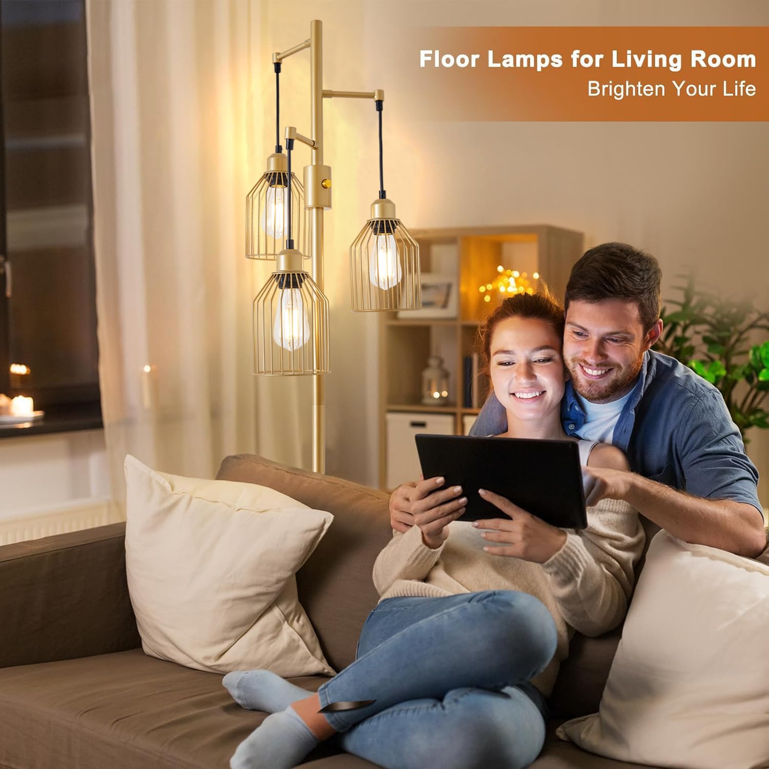 A1A9 Dimmable Floor Lamp For Living Room, Farmhouse Floor Lamps With Elegant Hanging Cage, 3 X Led Edison Bulbs Included, 68.5''