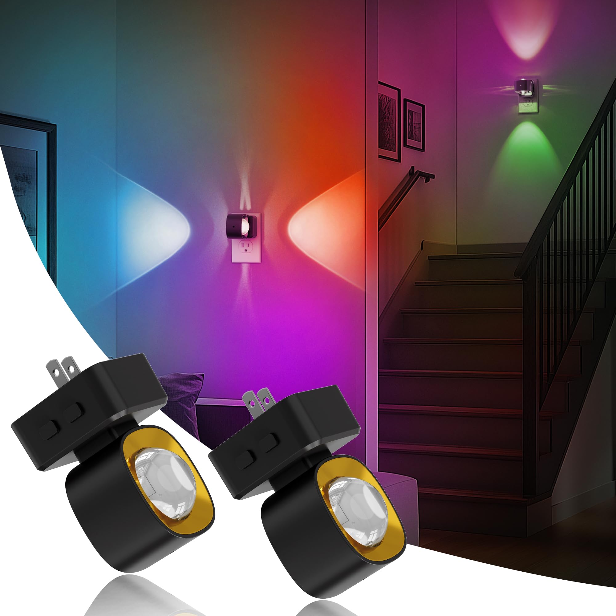 JandCase Night Lights Plug into Wall,10-Colored Changing Night Light for Kids, 2 Pack 180 Rotatable Plug RGB LED Nightlight with
