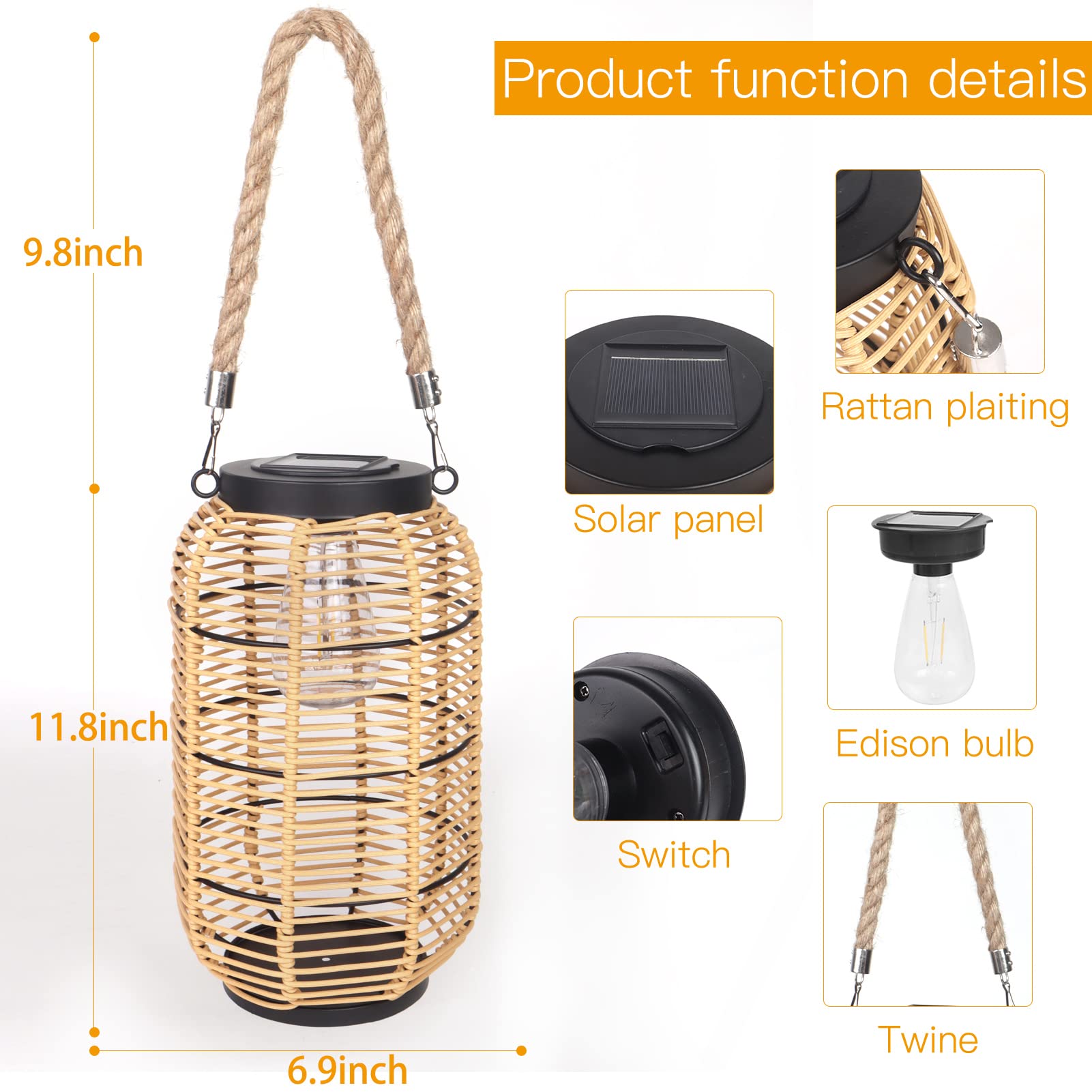 Livinlarge Solar Lantern - Outdoor Hanging Light, Waterproof Rattan with Twine Handle, Bright Edison Bulb, Multicolor, Model 434