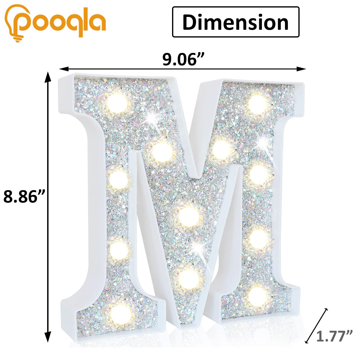 Pooqla Led Marquee Letter Lights, Light Up Silver Letters Glitter Alphabet Letter Sign Battery Powered For Night Light Birthday Party Wedding Girls Gifts Home Bar Christmas Decoration, Silver Letter M