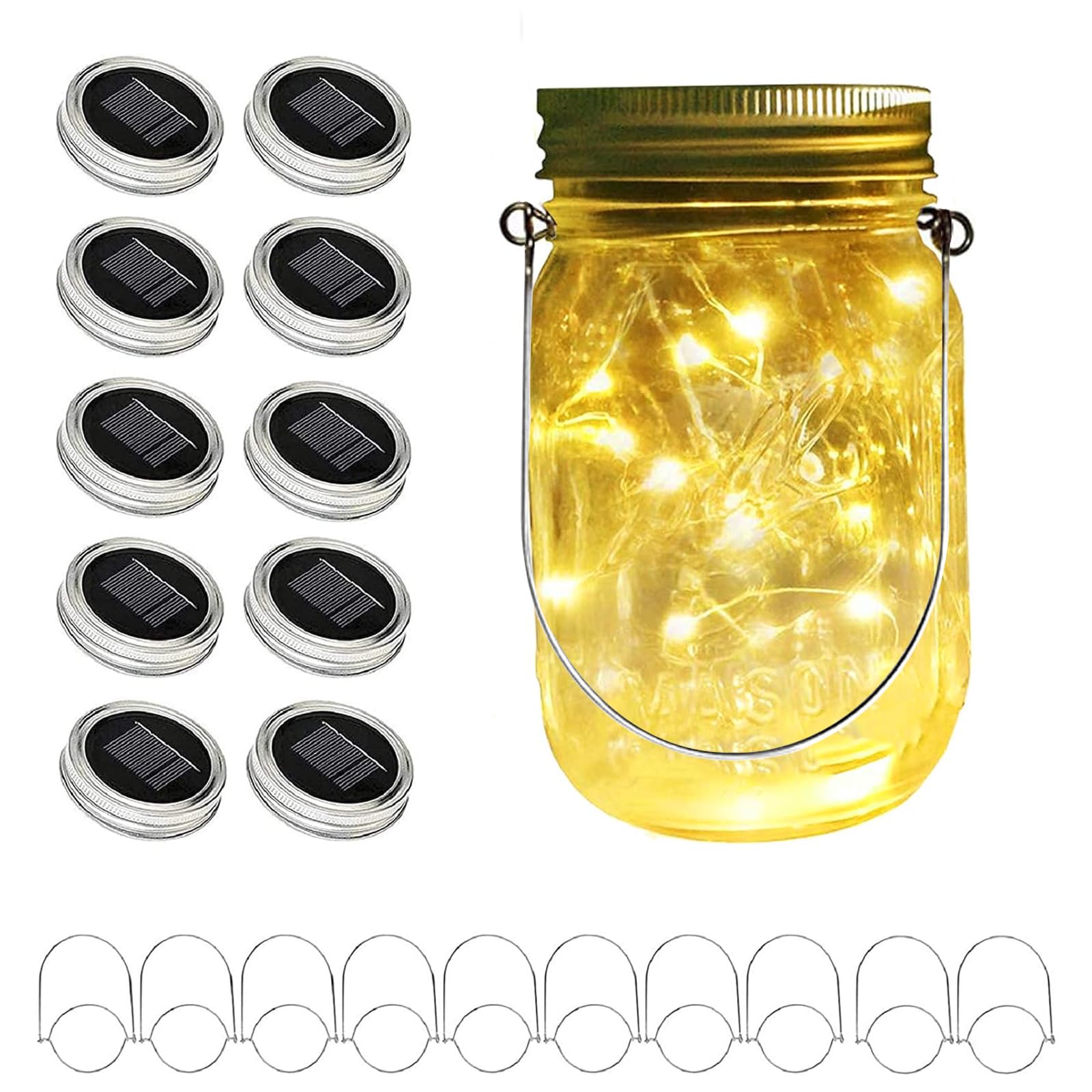ANGMLN Solar Mason Jar Lights Lids, 10 Pack Warm White LED for Regular Mouth Jars, Outdoor Garden Decor, Not Included