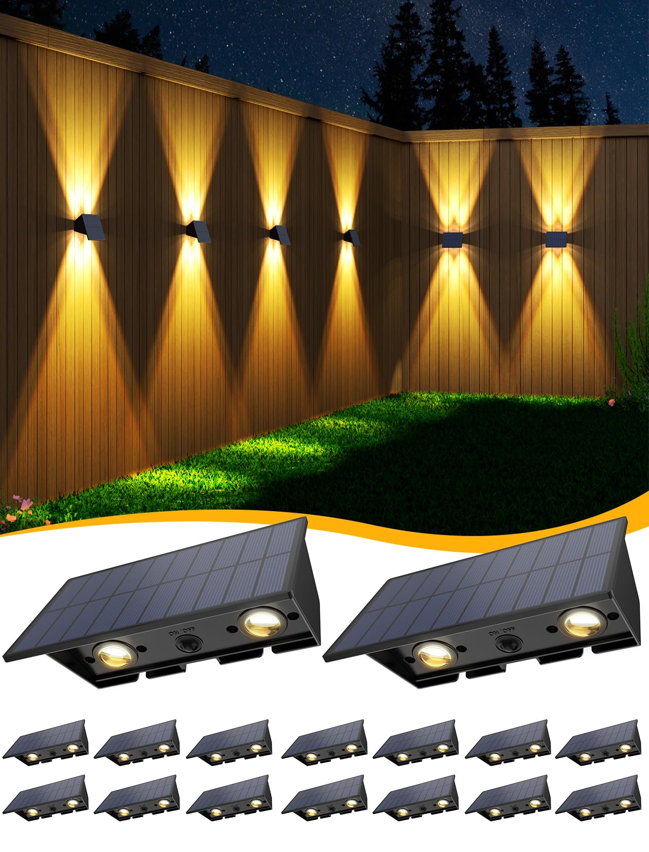 Solar Fence Lights,16Pack Solar Lights Outdoor Warm White Up & Down Solar Wall Lights Waterproof 100 Lumens Dusk to Dawn Solar P