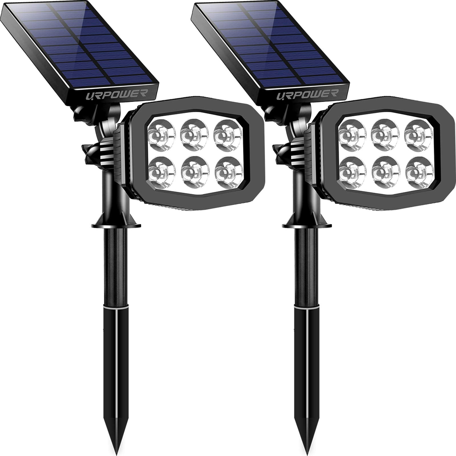 URPOWER Solar Spotlight, 2-in-1 Waterproof, Auto On/Off, Cool White, 2 Pack, Durable Plastic, Model SL018