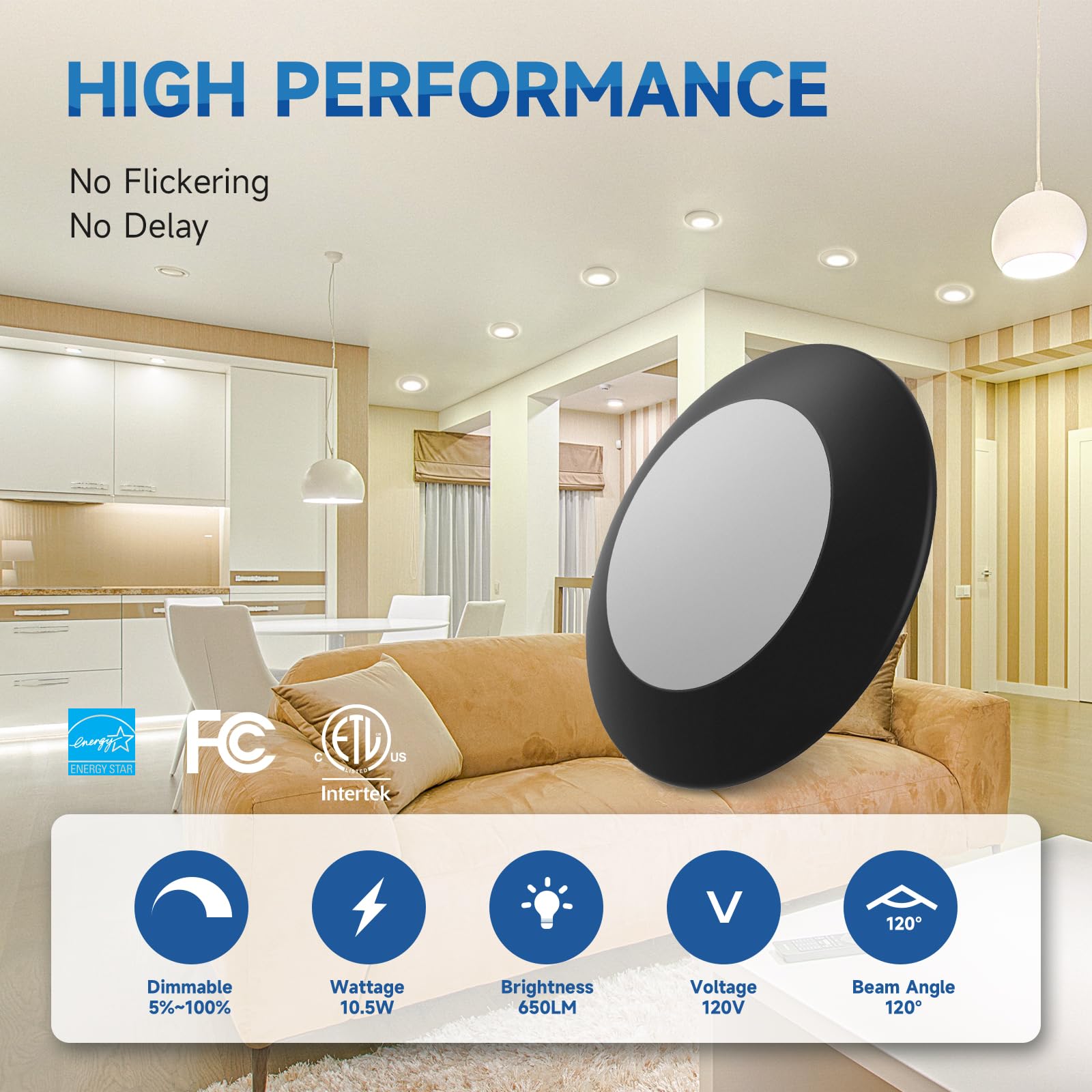 Ecoeler 4 Inch Led Disk Light, Dimmable Flush Mount Ceiling Light, 10.5W 650Lm, 5000K Daylight, Black Aluminum Trim, Surface Mou