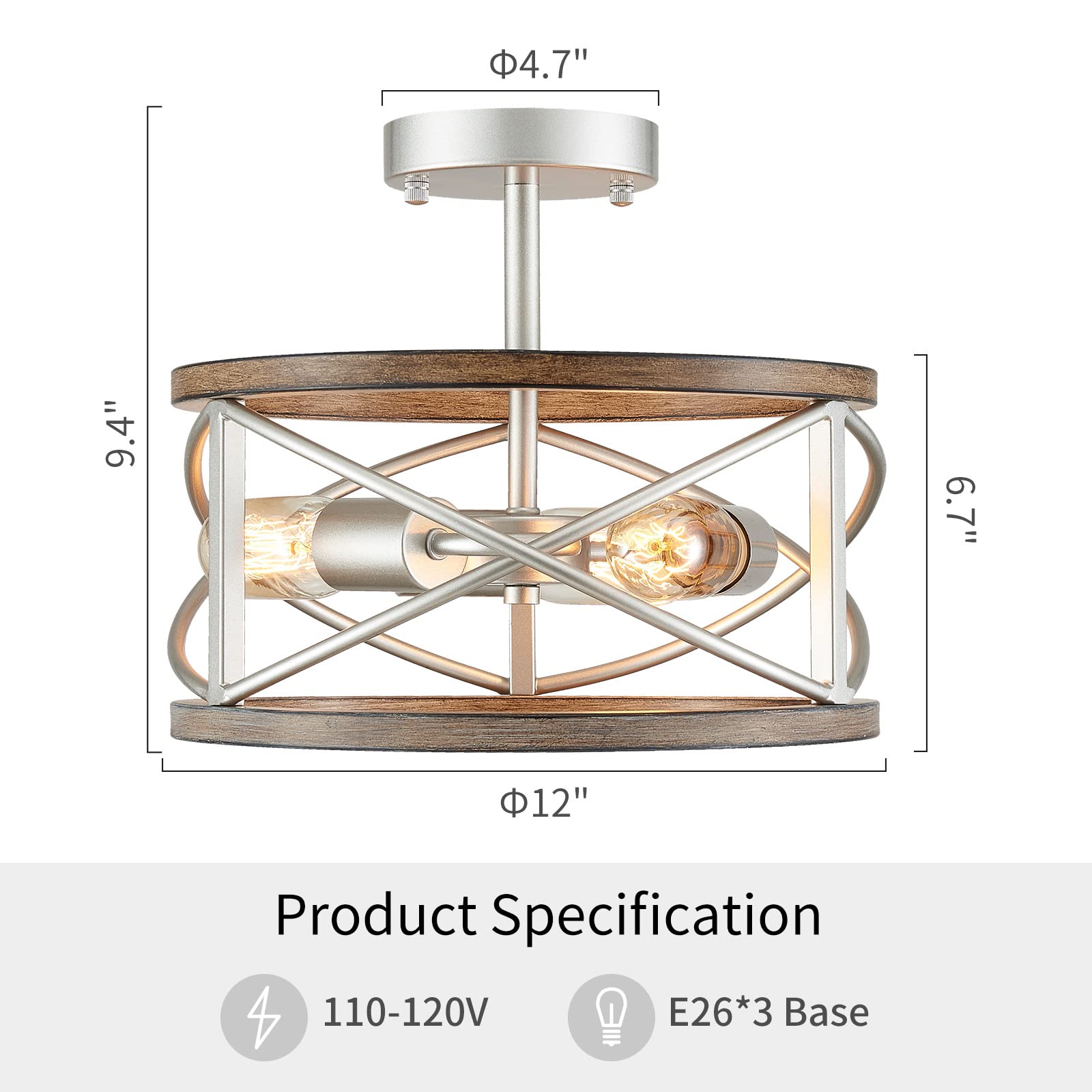 WUZUPS 3-Light Vintage Farmhouse Chandelier, Imitation Wood Grain, Nickel Finish, Semi-Flush Mount, H 9.4" W 12", Model USHD90025