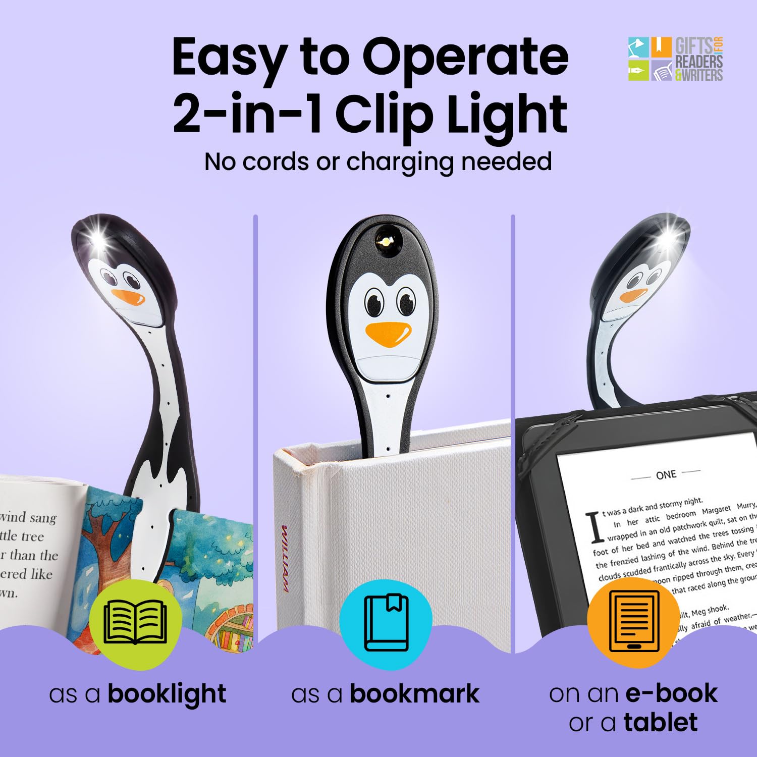 Gifts for Readers & Writers Flexilight Reading Light - 2 in 1 Bookmark LED Clip On Lamp, Battery Operated, Penguin Color