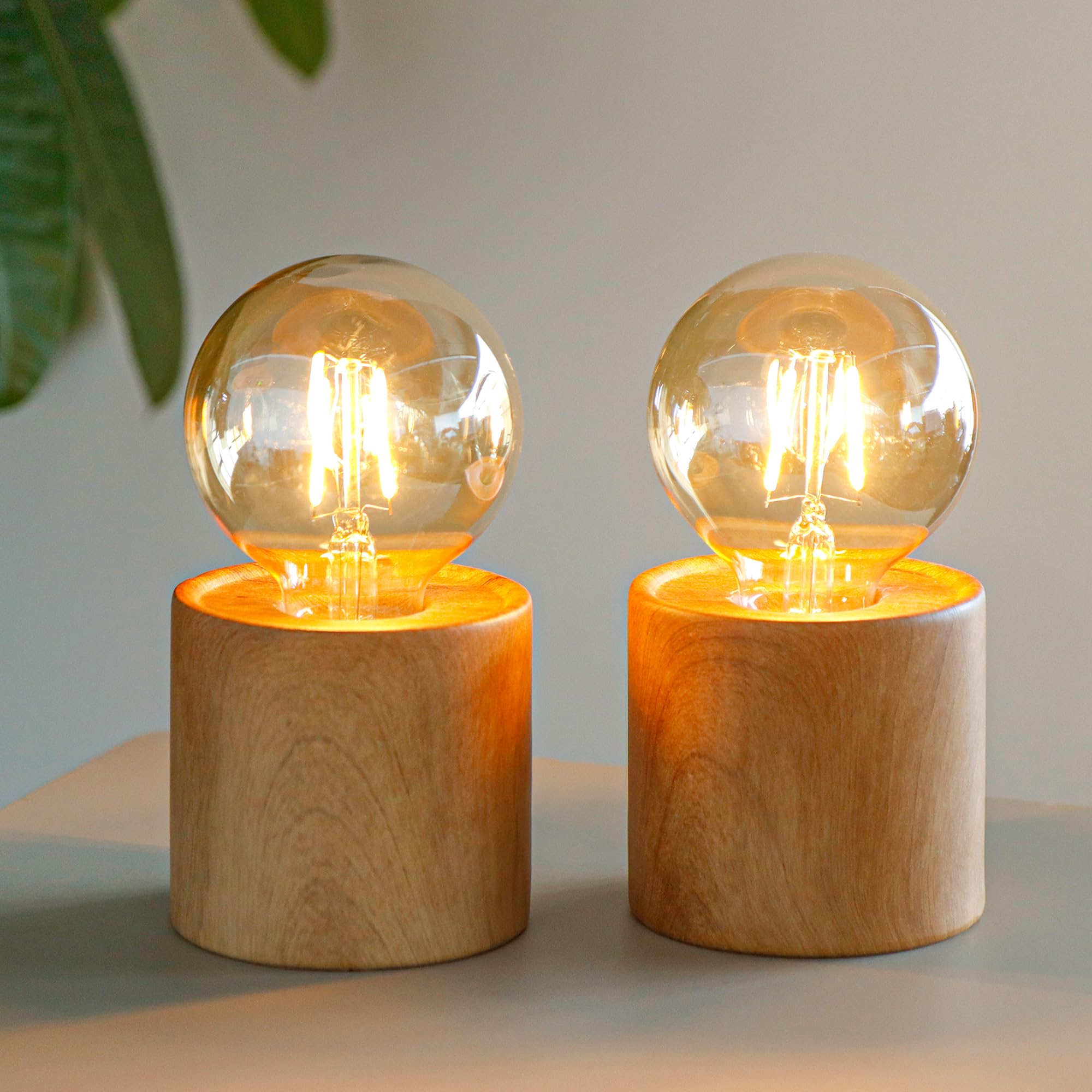 Jhy Design Set Of 2 Wood Grain Table Lamp 6.5 Tall Cordless Lamp Light With Edison Style Bulb And 6 Hours Timer Battery Operated