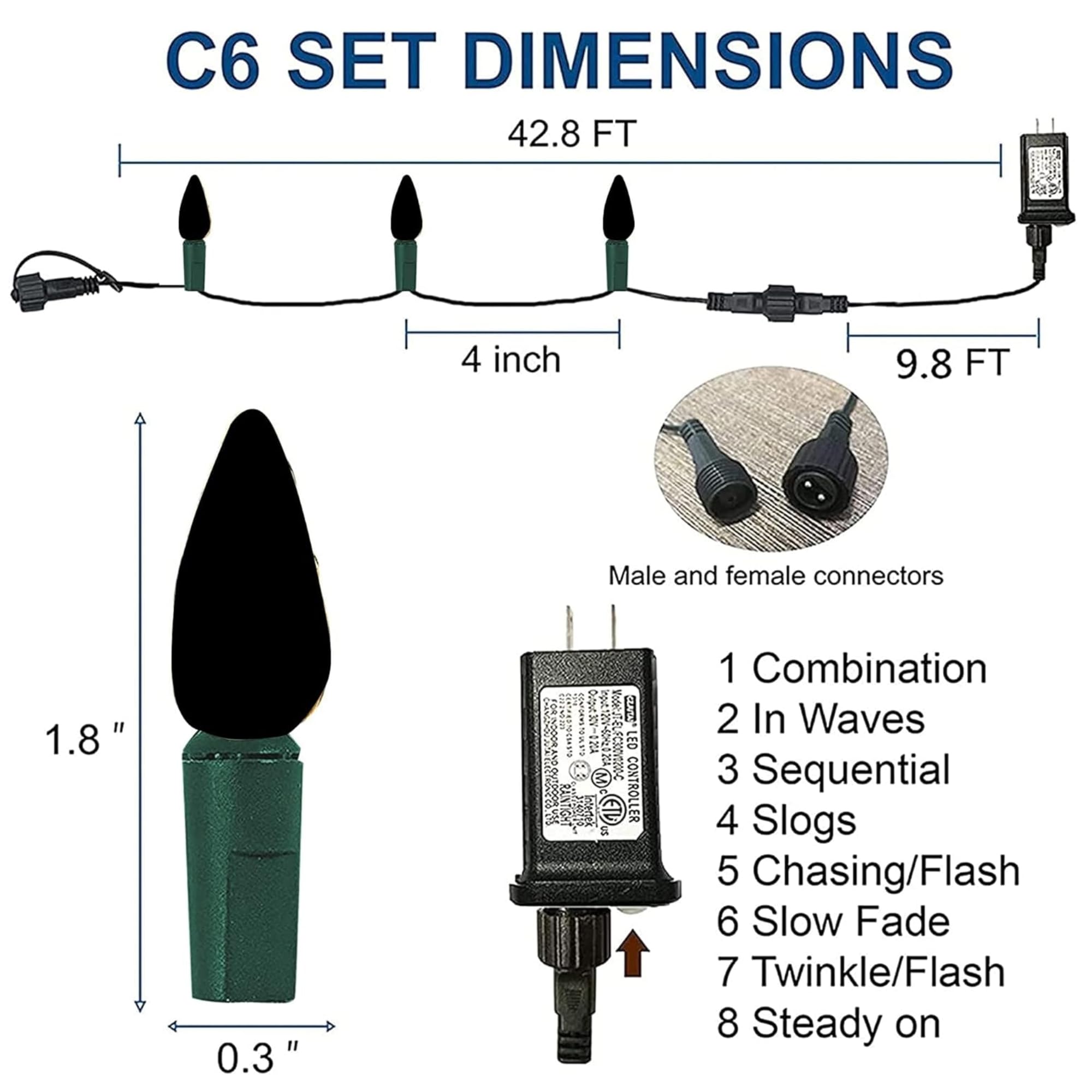 Dazzle Bright C6 Christmas String Lights, 100 Led 33 Ft Waterproof Connectable, 8 Modes For Indoor/Outdoor Home Garden Yard Xmas