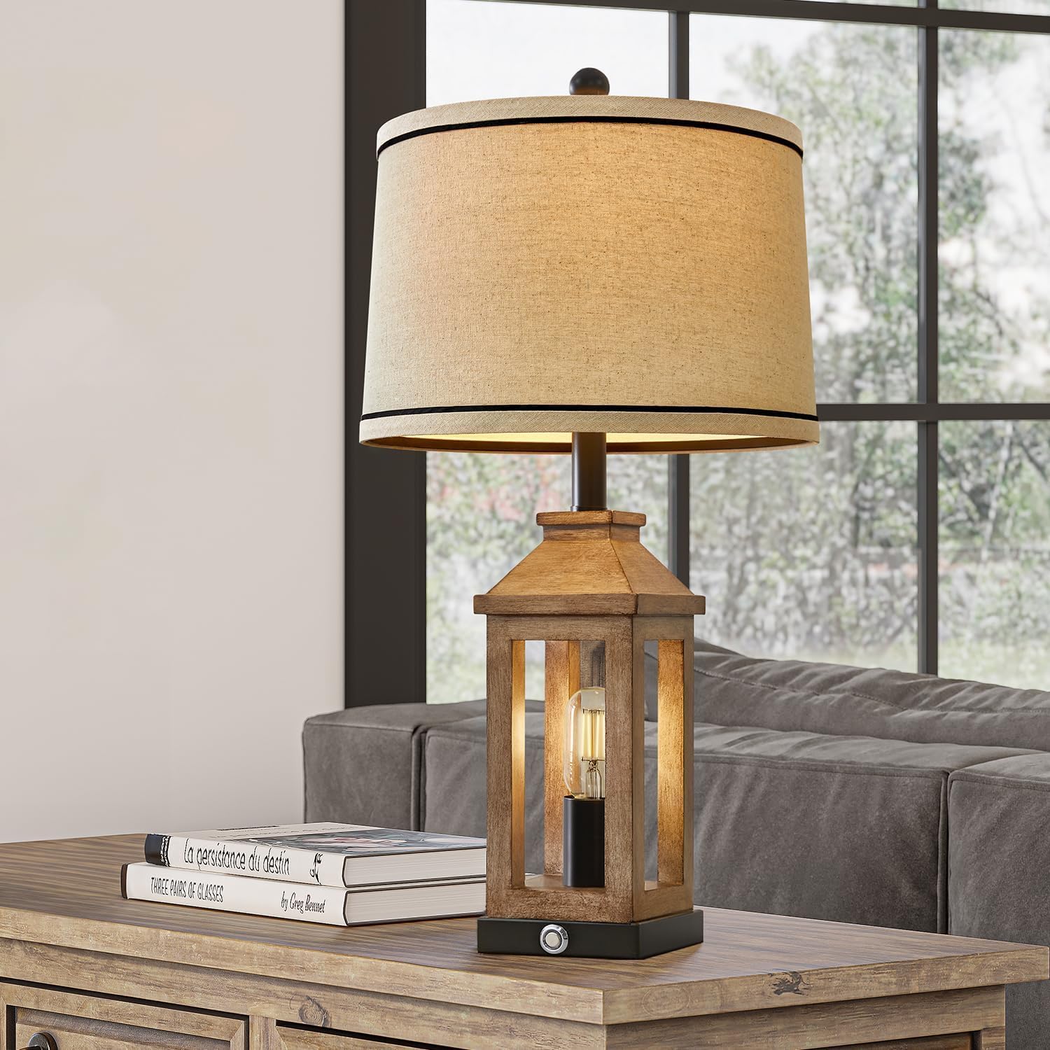 G-SAFAVA Farmhouse Table Lamp - 23.75" Touch Control, USB A+C Ports, 3-Way Dimmable, Vintage Modern Design, Wood Finish