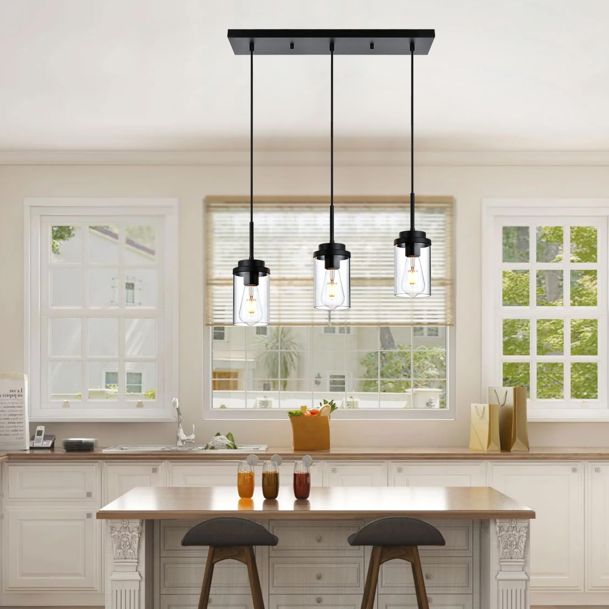 MELUCEE Linear Chandelier, 3 Lights, Black Finish, Glass Shade, 23.6in Length, Model 4-4501-3RD-BL