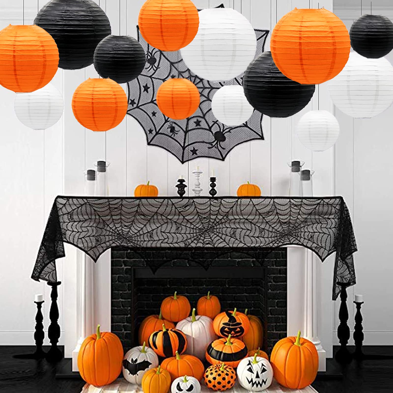 ADLKGG Paper Lanterns 21pcs, Round Hanging Decorations for Graduation, Halloween, Thanksgiving, Birthday, Orange Black White