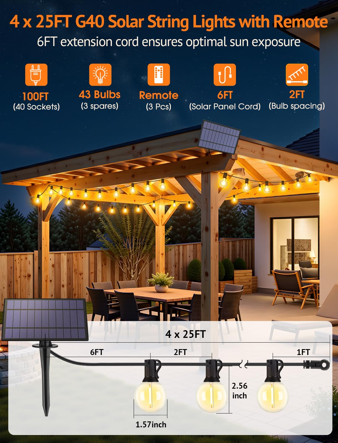 Larkvue Solar String Lights, 100FT, Waterproof, Dimmable 3 Modes, 40+3 LED G40 Bulbs, Black, Model GLS-18J2P-G40