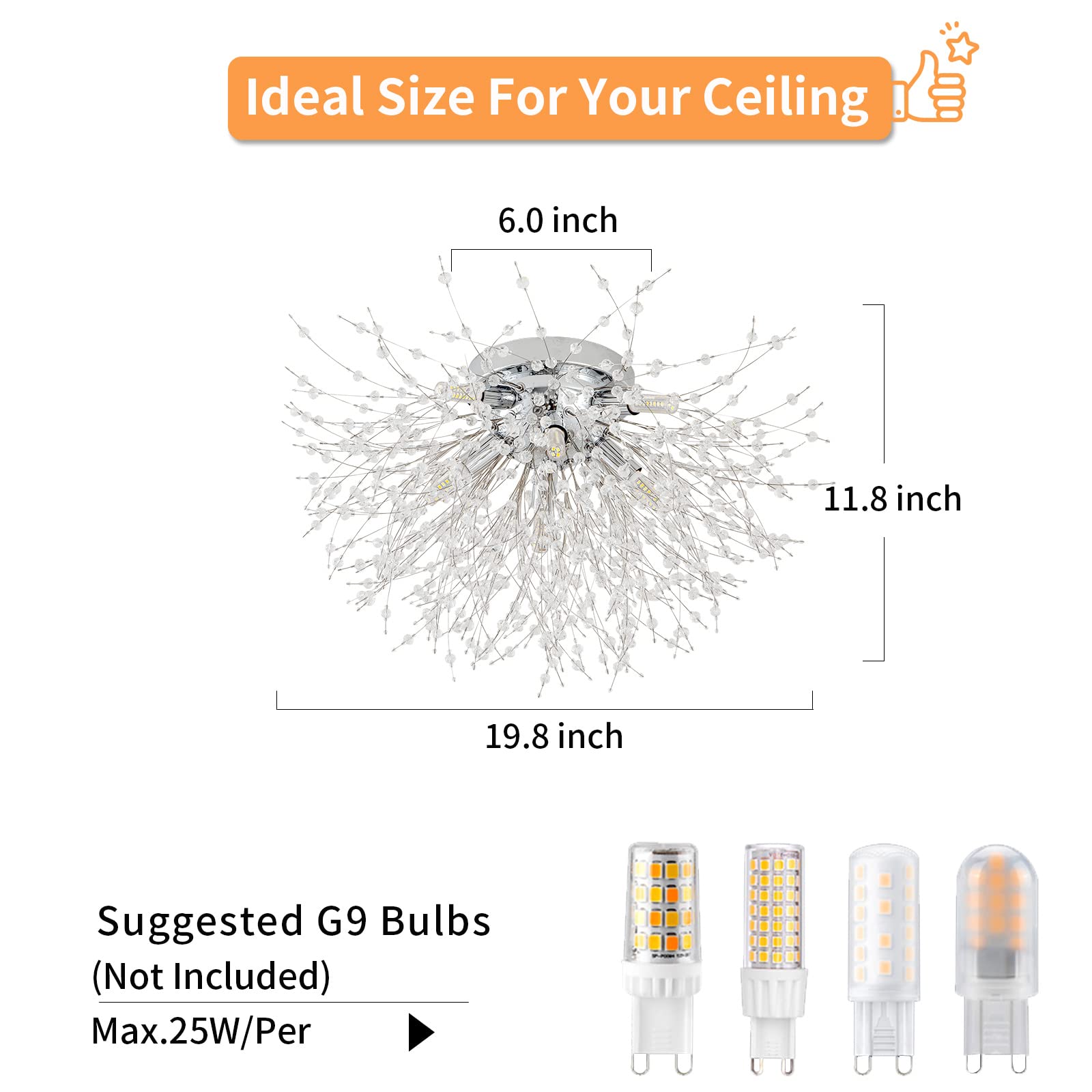 Tanlux Crystal Flush Mount Ceiling Light Fixtures, Modern Chrome Sputnik Firework Chandelier, 8-Light Close To Ceiling Lighting