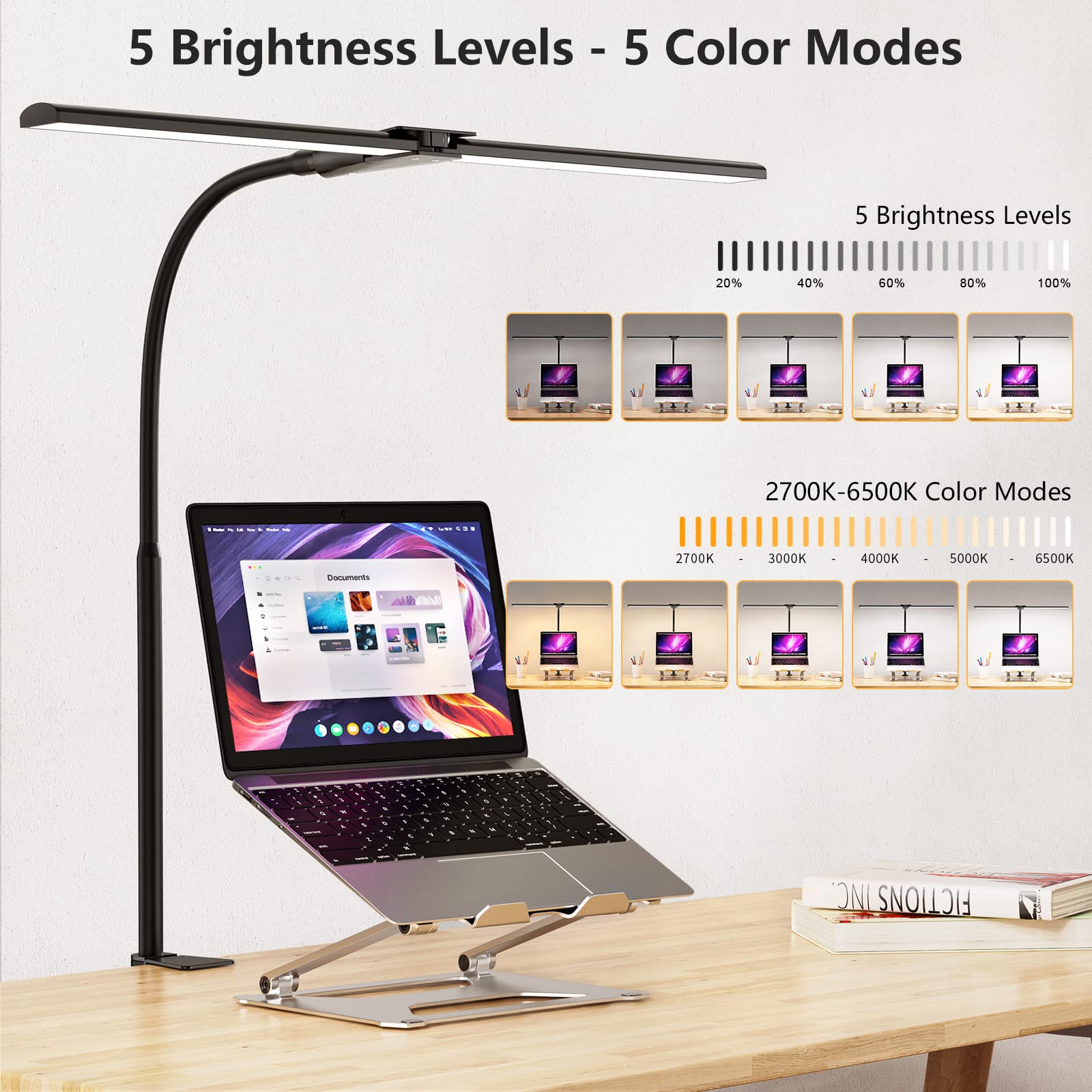 EppieBasic LED Desk Lamp, Double Head Architect Light, 1200LM, Eye Protection, Black, Aluminum