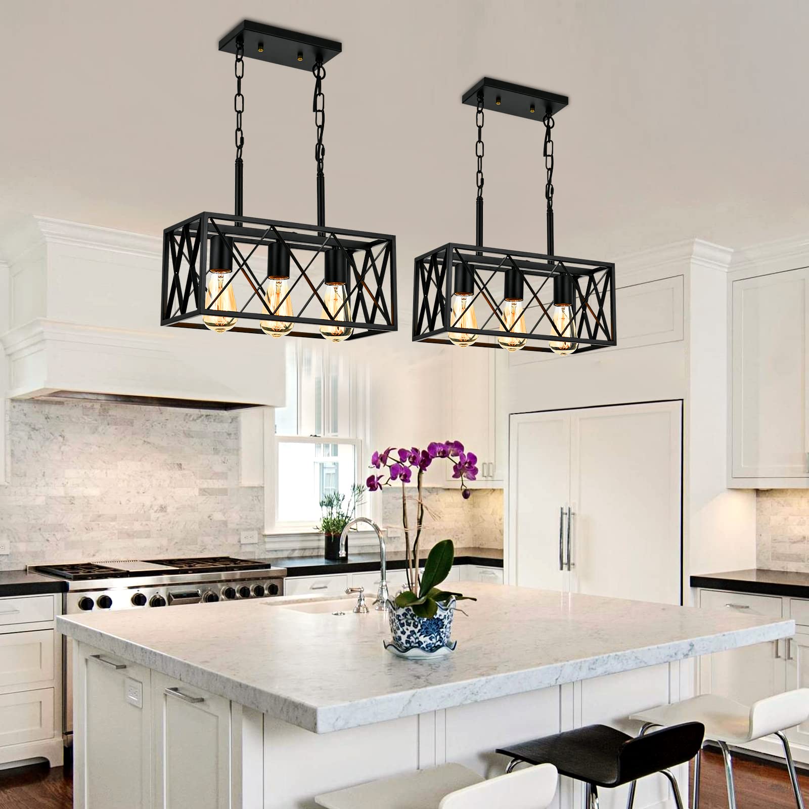 Keesfu Black Farmhouse Kitchen Island Lighting, 3 Lights Pendant Lighting Fixtures, Adjustable Height, Industrial Dining Room Li