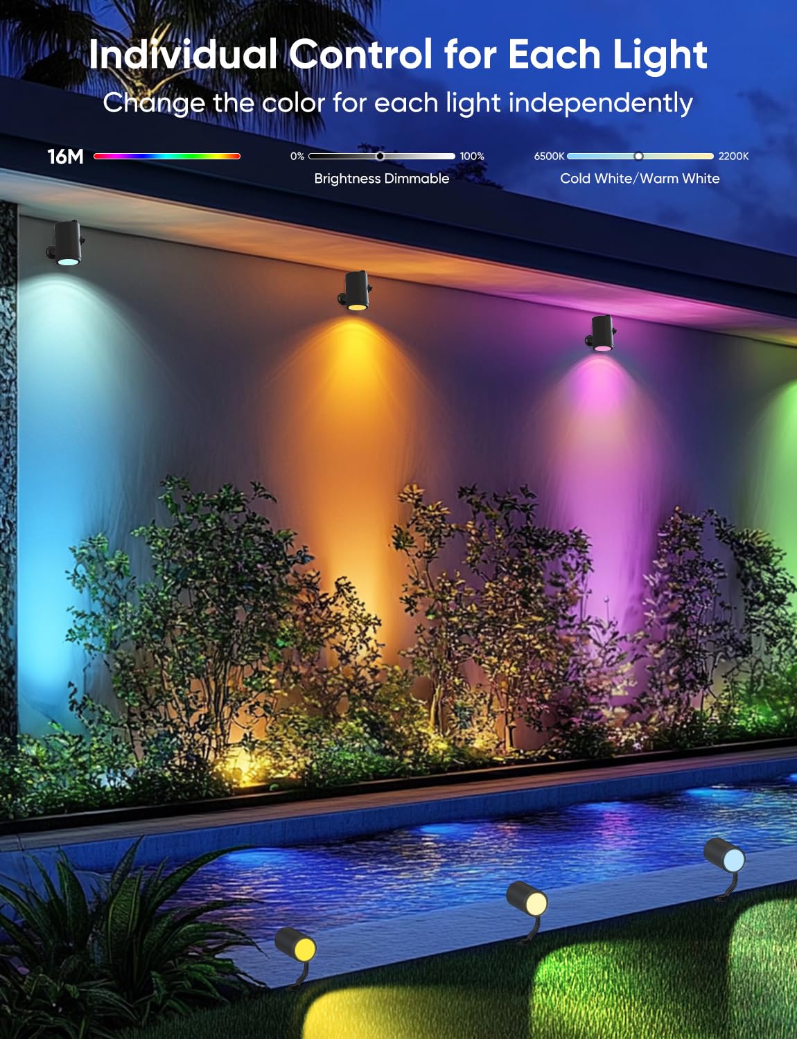 APPECK Smart Landscape Lighting Kit, 6 Pack RGBCW Outdoor Spotlights, IP65 Waterproof, Black, Model C6605-D