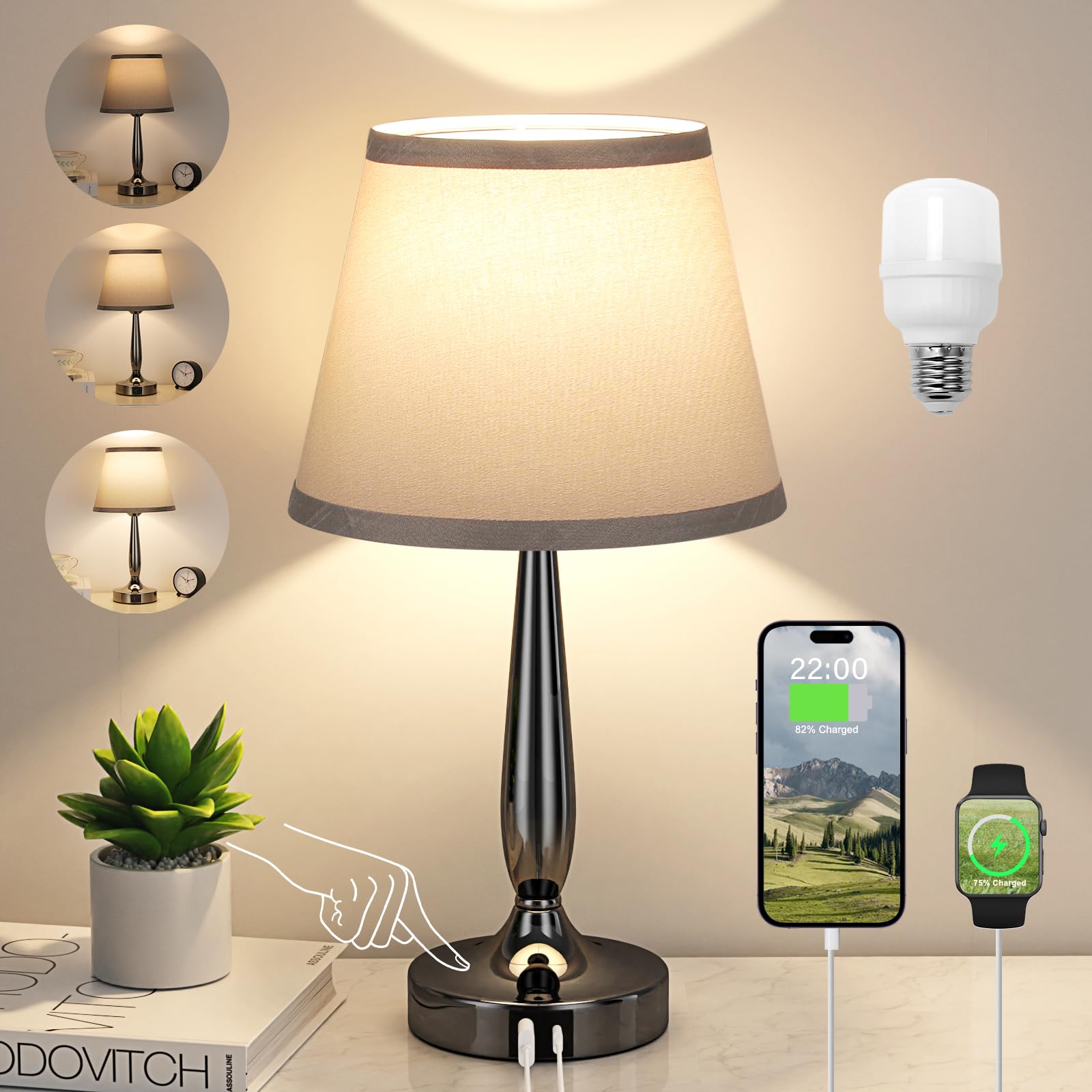 Kakanuo Touch Table Lamp, 3-Way Dimmable, USB-C Charging, Metal, A-Gray
