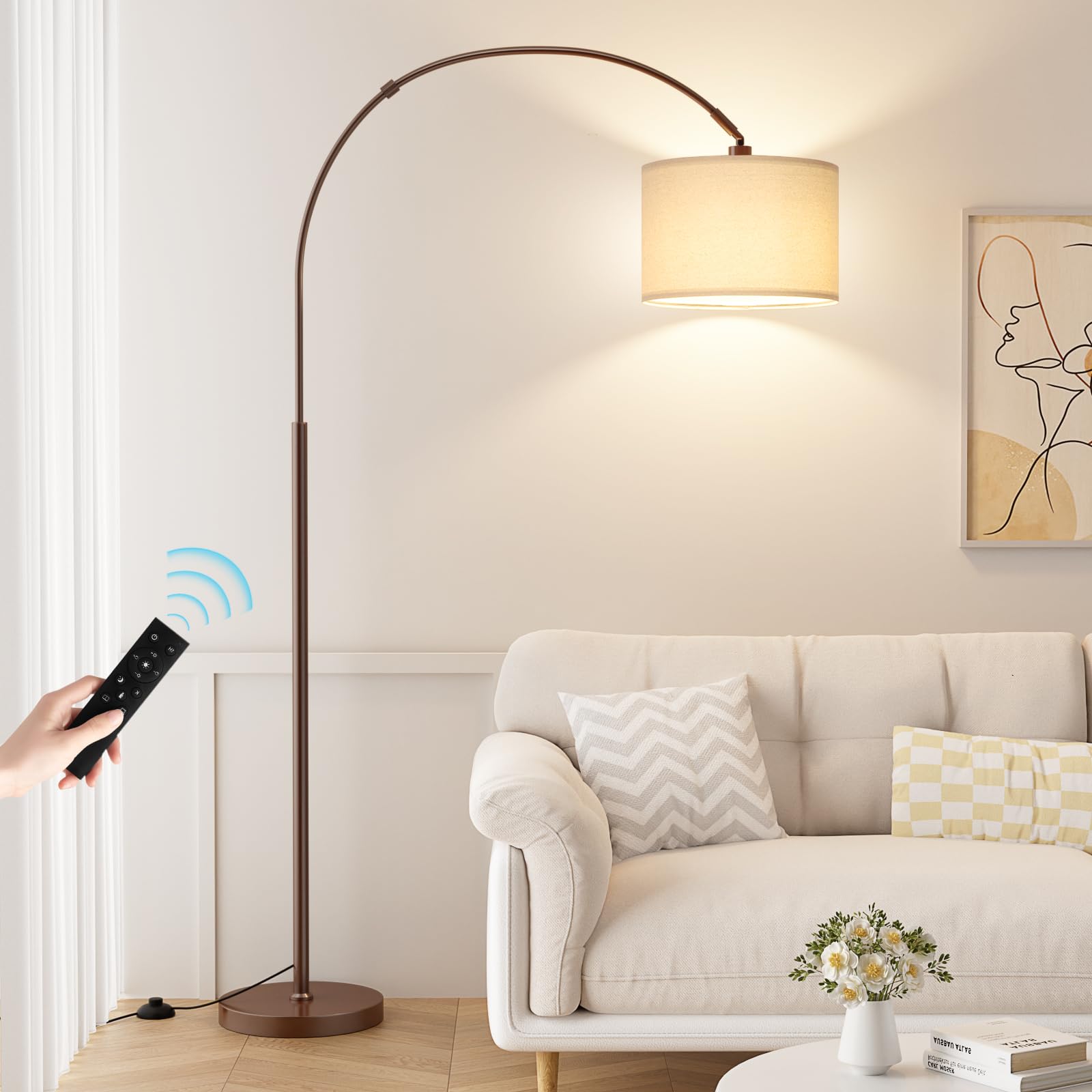Ambimall Dimmable Arc Floor Lamp with Remote, Metal, 70.66in H x 27.95in W x 11in D, Deep Beige and Brown