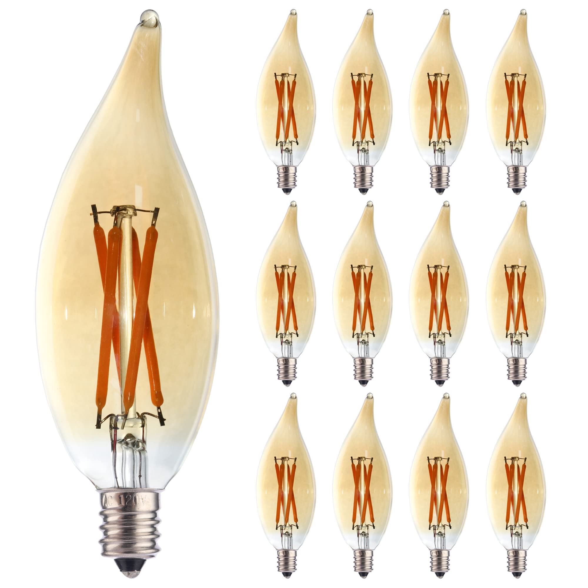 Fannis 12 Pack C32 Flame Tip Filament Led Bulb, 4W Equals 25W 40W Soft Warm Light, E12 Candelabra Base Edison Bulb, Amber Glass 