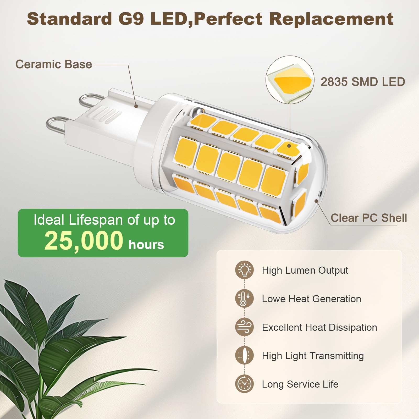 DiCUNO G9 LED Bulb 4W 400LM Natural White 4000K Pack of 6 Non-Dimmable Bi-pin Base Replacement