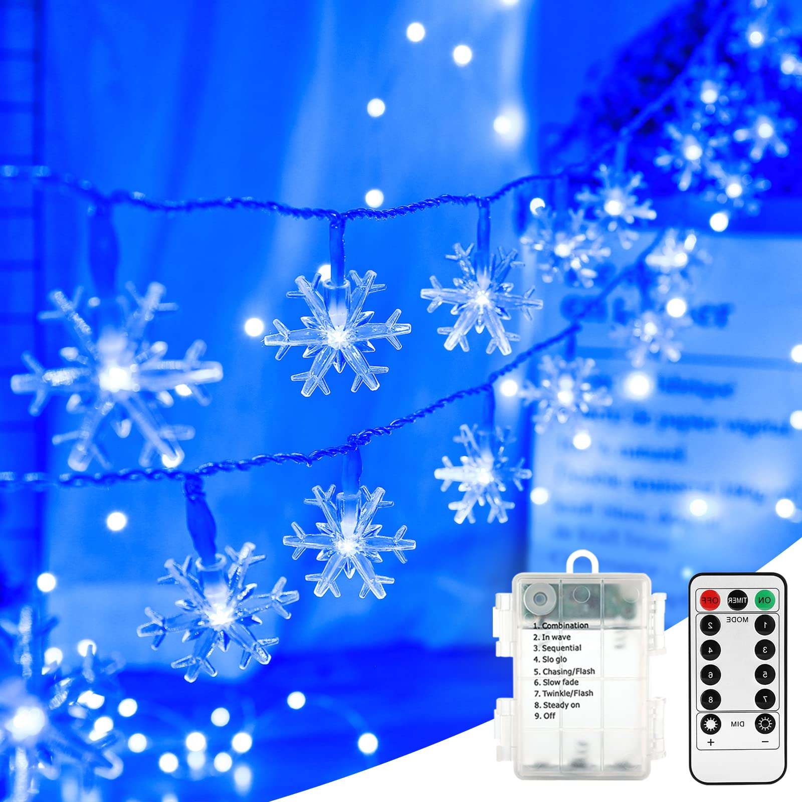 BrizLabs Blue Snowflake Lights, 40 LED 16.08ft Snow Flake Christmas Lights with Remote, Battery Twinkle String Lights, 8 Modes Xmas Lights Waterproof for Outdoor Indoor Wedding Party Window Decor