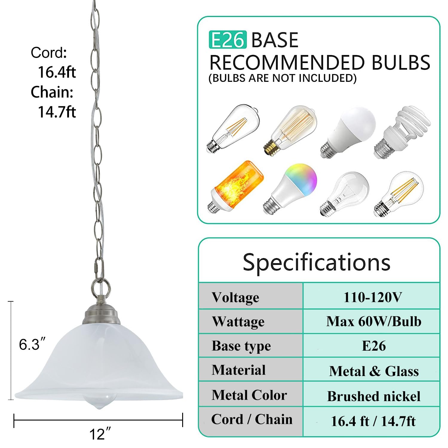 Shengqingtop Alabaster Plug-In Pendant Light, Dimmable Brushed Nickel Hanging Lamp For Kitchen & Bar