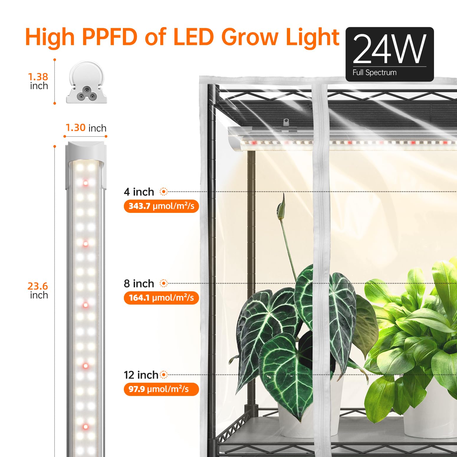 Bstrip Indoor Greenhouse with Grow Light, Metal Plant Stand, 3 Pack T8 2FT Full Spectrum Plant Lights, Timer, Black, 23.5x13.8x5