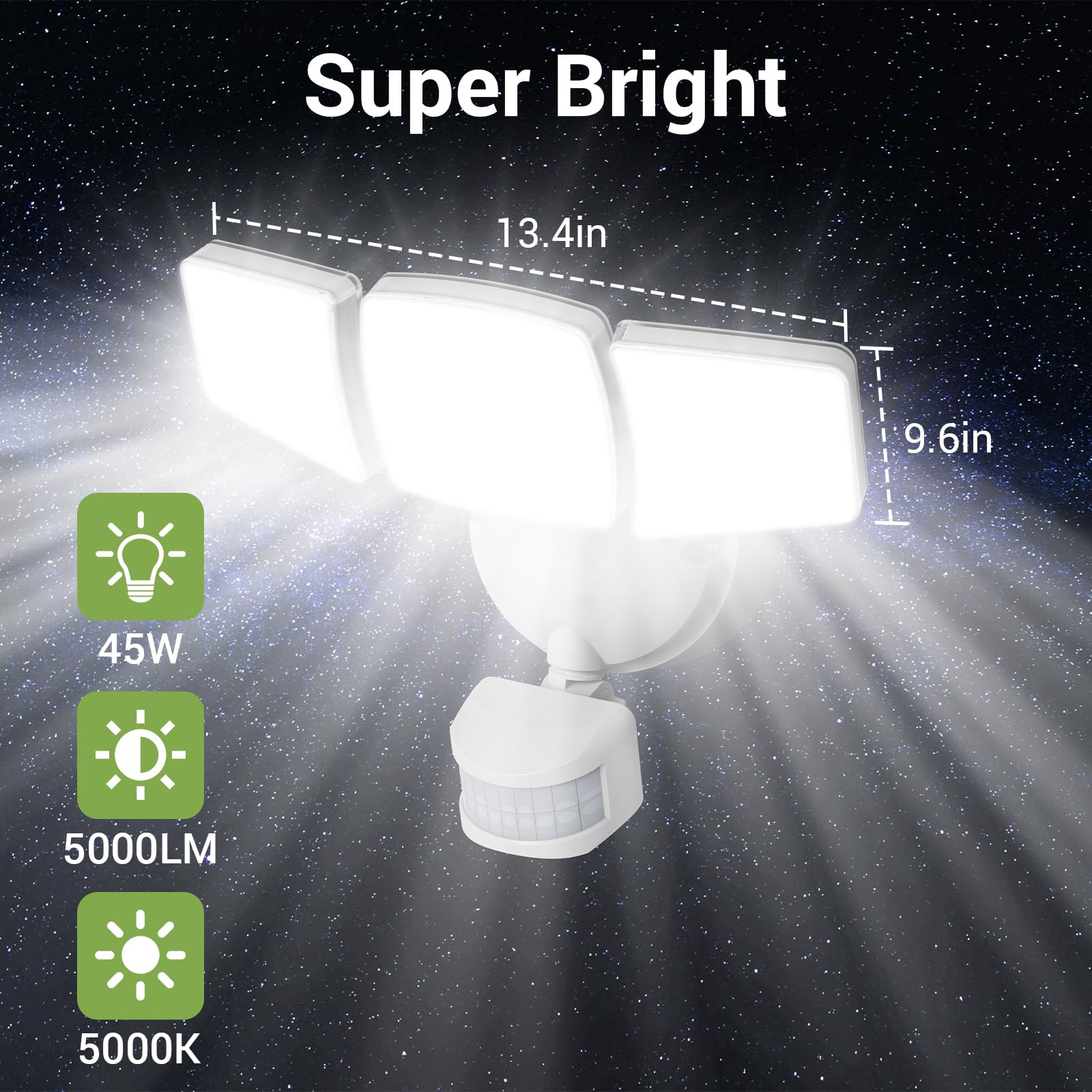 NOVOSTELLA 45W Motion Sensor Outdoor Security Lights, 2Pack, 5000lm, Adjustable 3 Heads, IP65 Waterproof, White