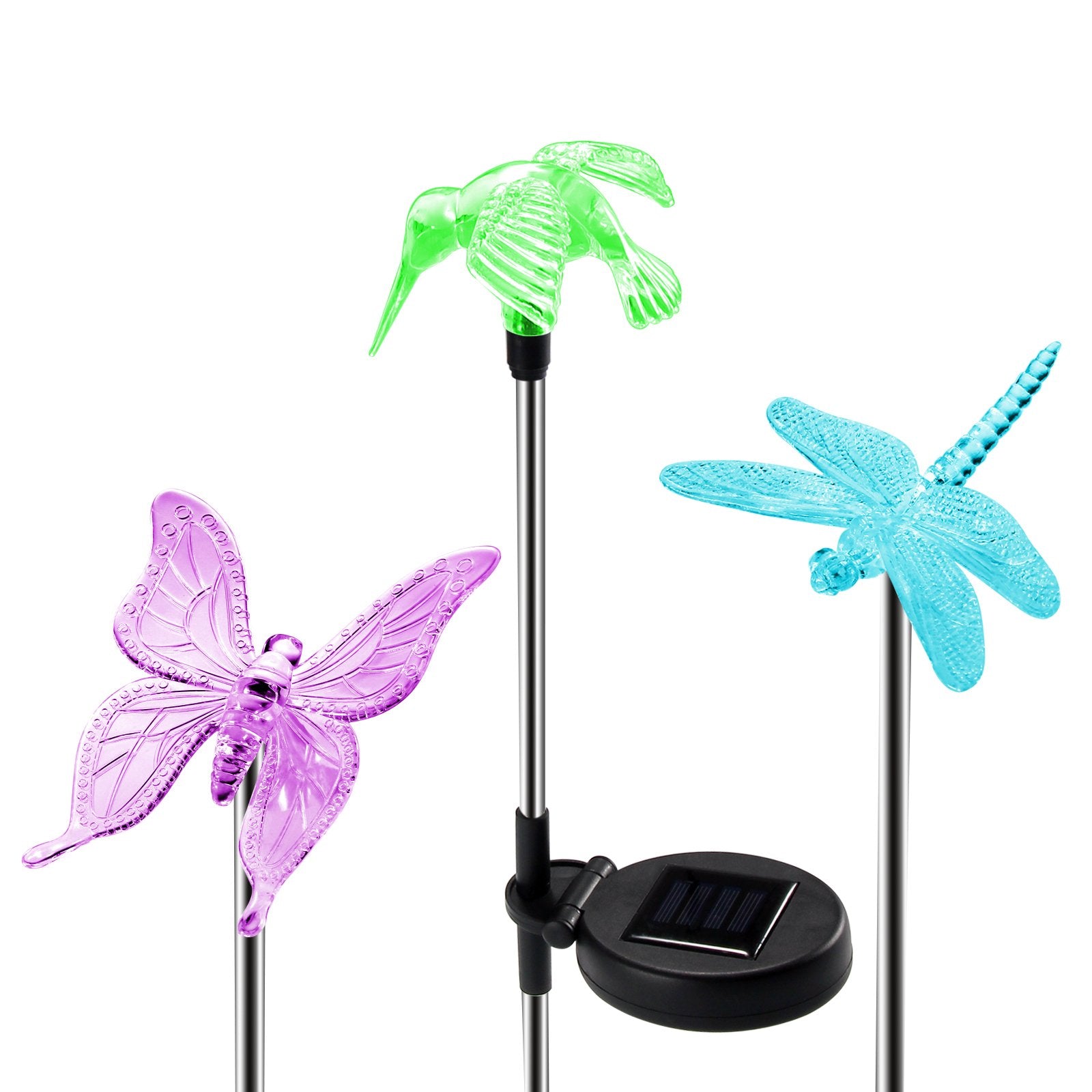 OxyLED Solar Garden Lights, 3 Pack Outdoor Solar Stake Light Hummingbird Butterfly Dragonfly, Solar Powered Pathway Lights, Mult
