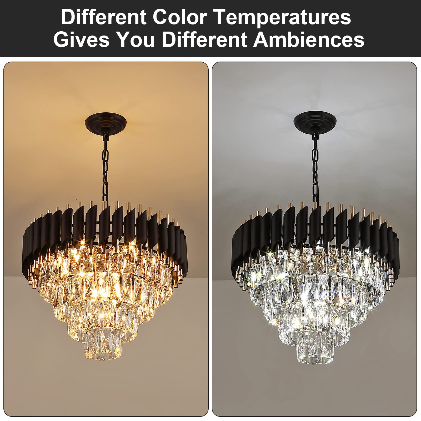 A AXILIXI Modern Crystal Chandelier 20in K9 Crystal Black & Gold 4-Tier Flush Mount Light Fixture Model 8801-500 for Dining Room Foyer
