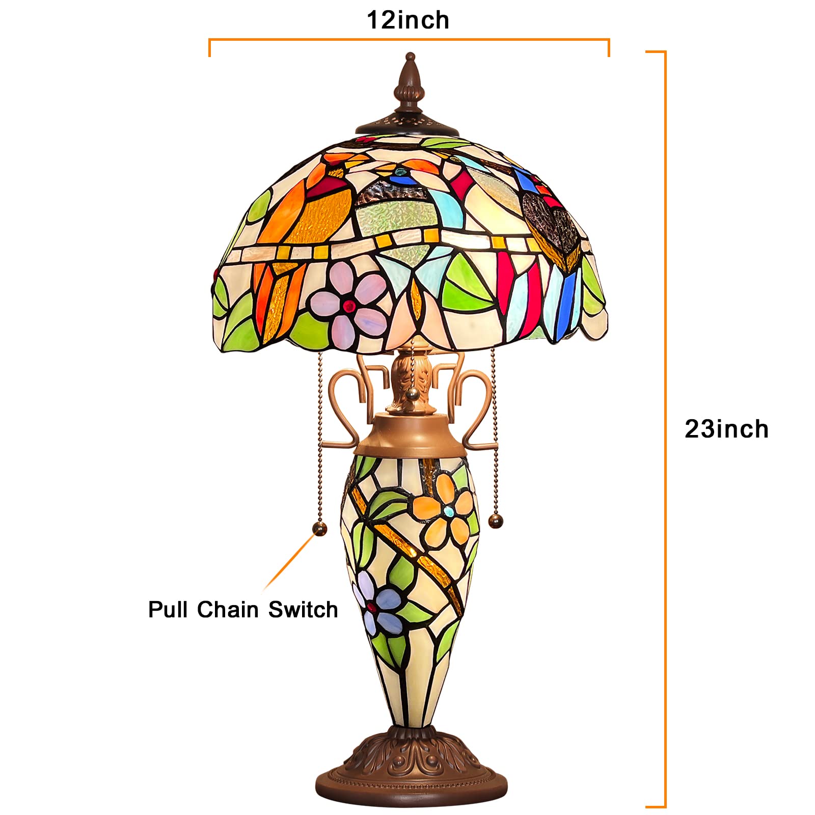 Capulina Tiffany Lamp Stained Glass Table Lamp 12X12X23 Inches 3-Light Cardinal Birds Mother-Daughter Vase Style Desk Reading Light Decor For Home Office Bedroom Living Room