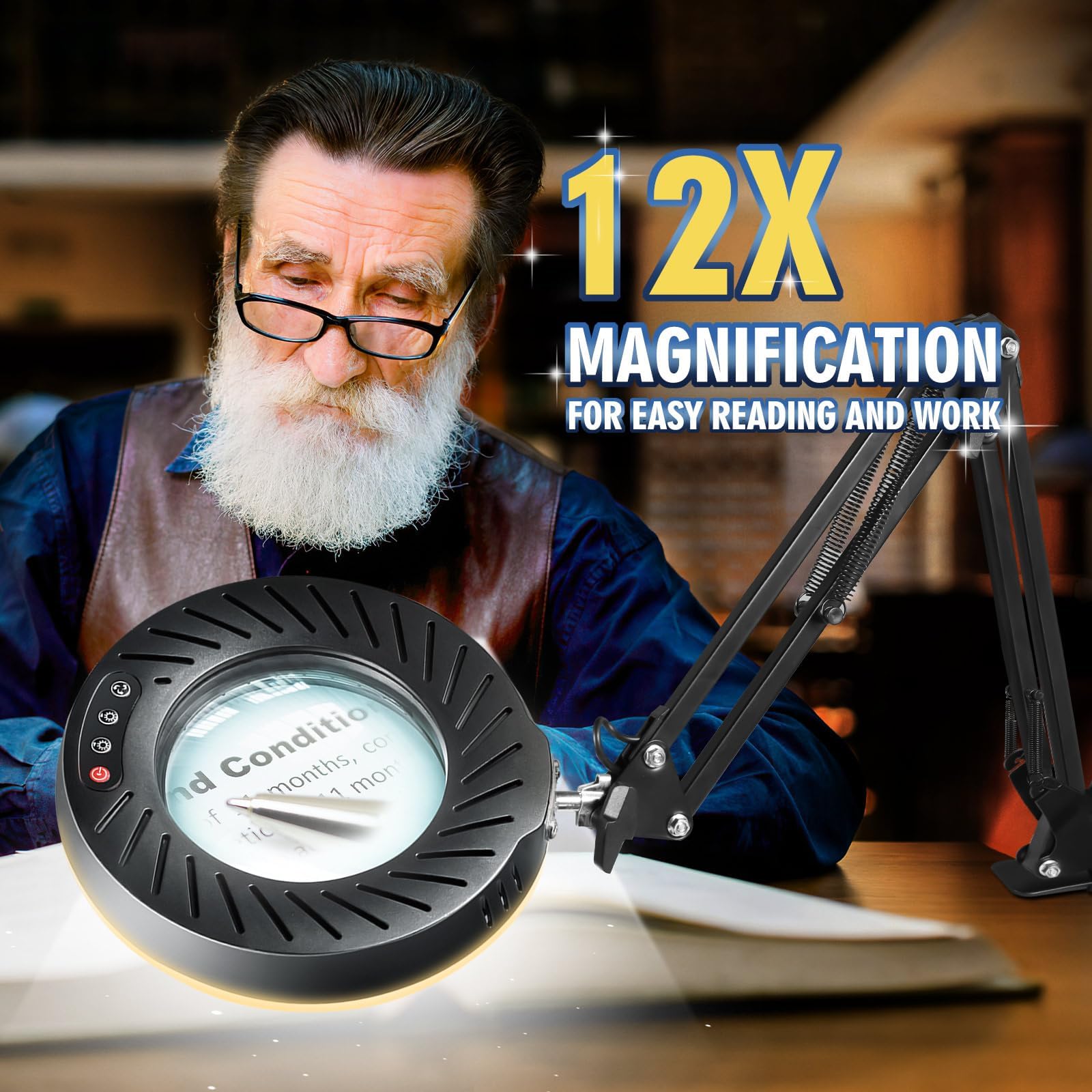 Toolastra 12X Magnifying Glass With Light And Stand, 144 Leds Brightest Magnifying Lamp, 10 Dimmable Brightness 5 Color Modes, H