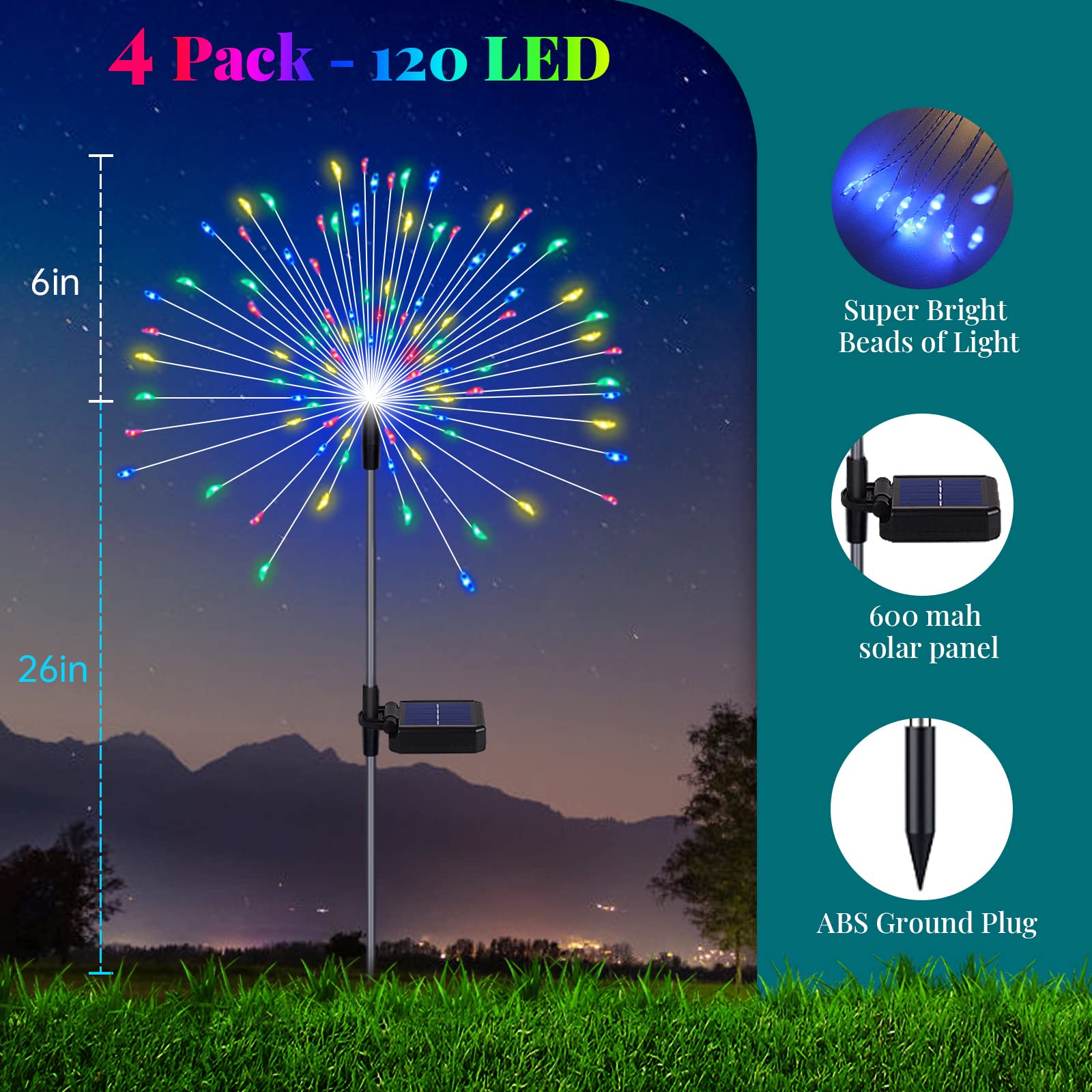Botfal Solar Garden Firework Lights 4 Pack 120 LED Waterproof Starburst Lamp Medium Colorful Model 315