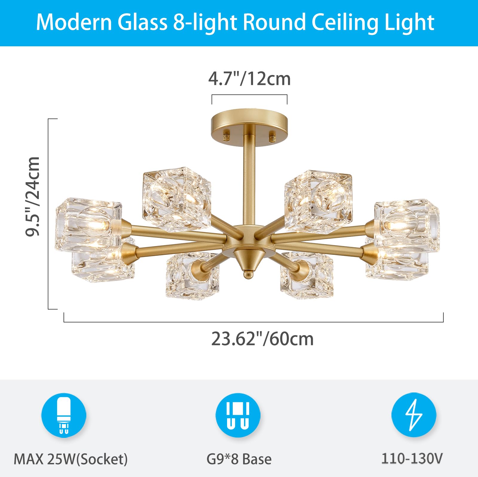 XINGQI Semi Flush Mount Ceiling Light, 8 Lights Gold Metal Sputnik Chandelier for Bedroom, Dining Room, Kitchen, Office