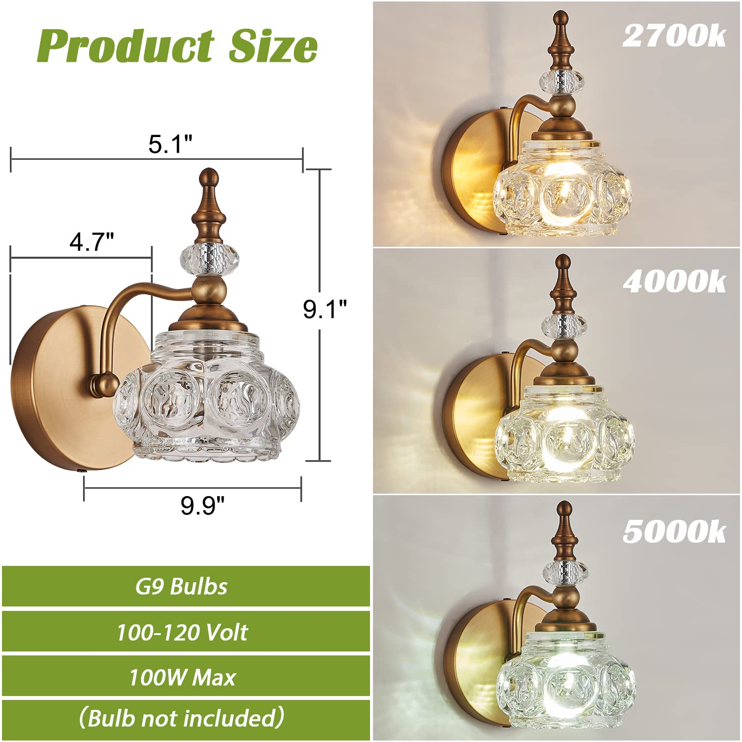 Zilanl Vintage Wall Sconce, 1-Light Crystal Glass Shade, Antique Brass Finish For Bathroom & Bedroom