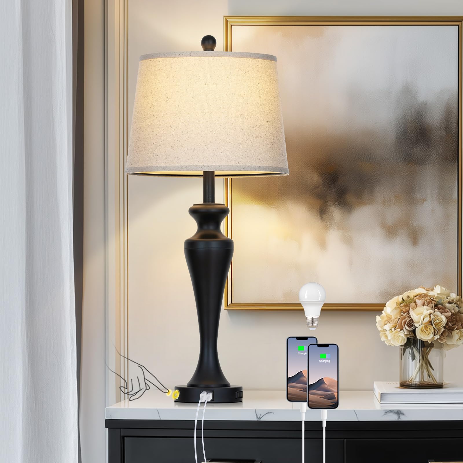 luxeflow 30 Inch Black Table Lamp Single  3-Way Dimmable Touch Control Living Room Lamps with USB A+C Ports and AC Outlet  Tall Bedside Lamps for Nightstand  Modern Metal Bedroom Lamp  Bulb Included