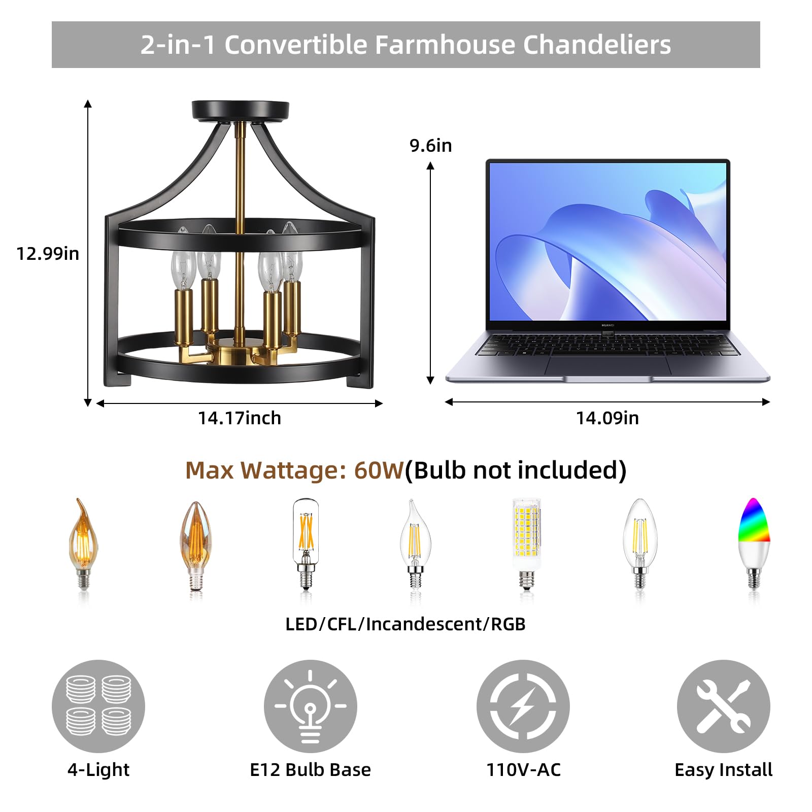 Lxwnyy Farmhouse Dining Room Light Fixture,4 Lights Kitchen Chandeliers Over Table Modern Black&Gold Hanging Pendant Lamp Conver