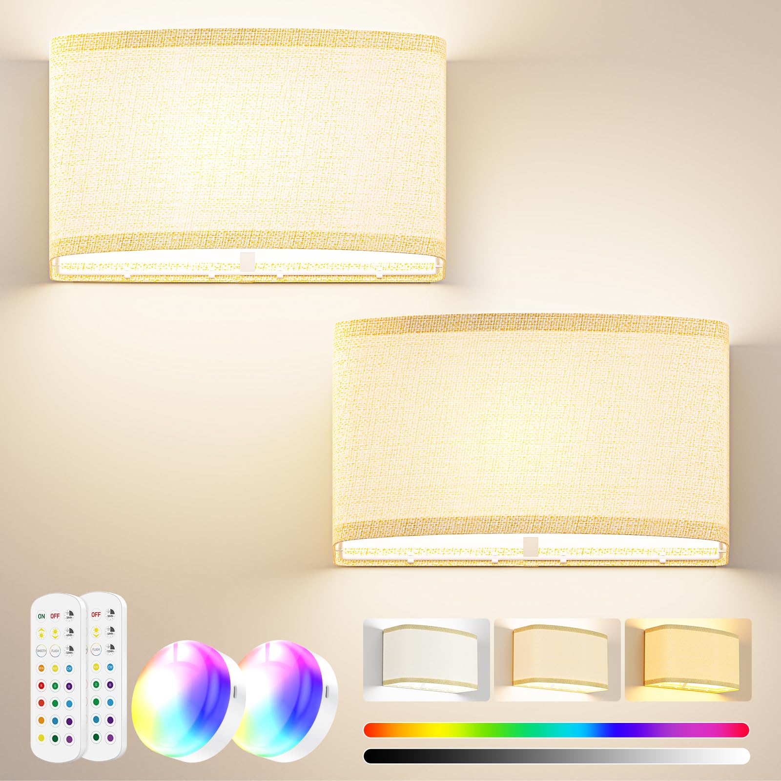 PRTILOUD Battery Operated Wall Sconces Set of 2, 5000mAh Rechargeable Wall Lighting 15 Colors Wall Lamp with Remote 10 Levels Br