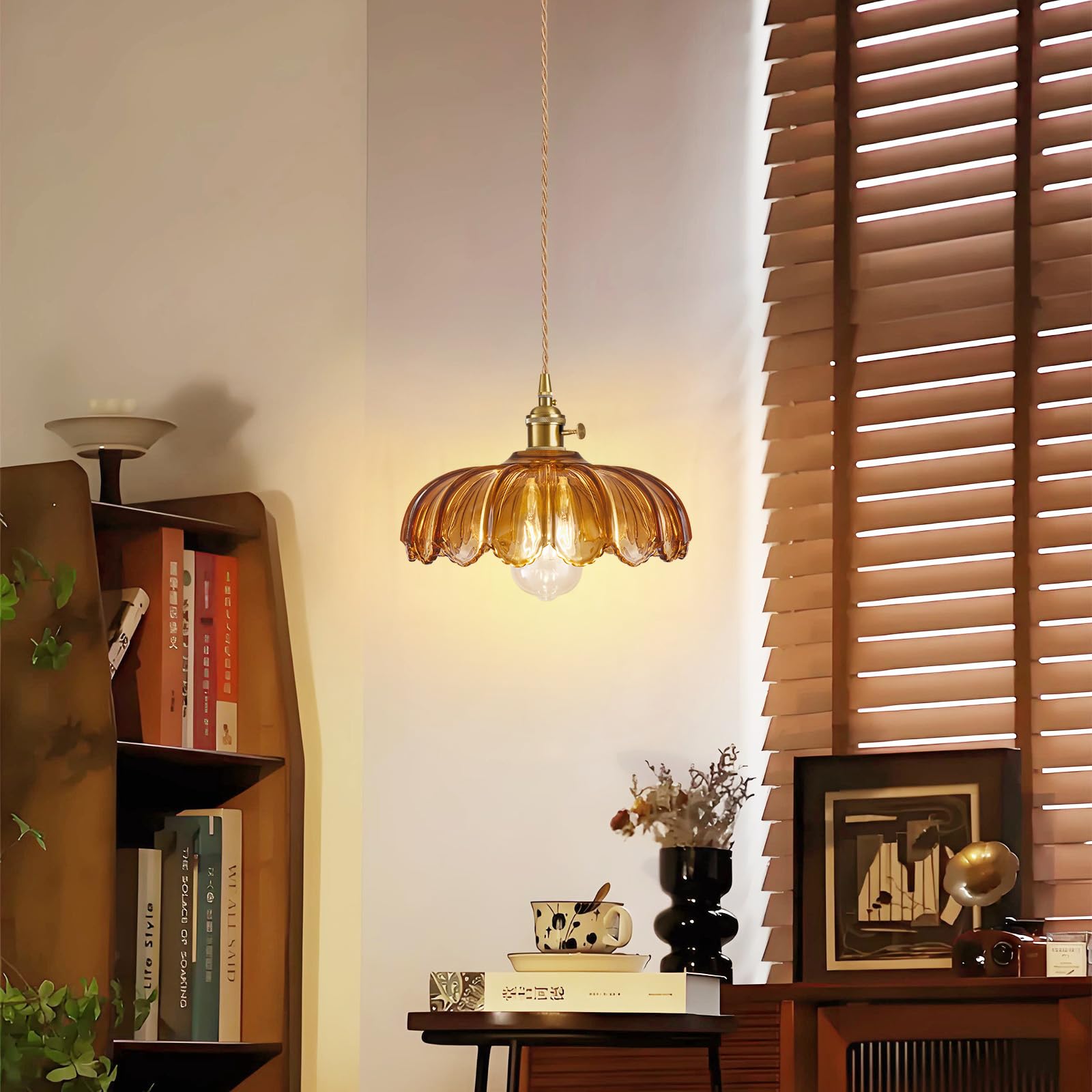 Beserwin Plug In Pendant Light  Hanging Lights With Plug In Cord  Hanging Light Fixture With Amber Color Glass  E26 Pendant Lighting For Kitchen Island  Bedroom  Dining Room-Browm