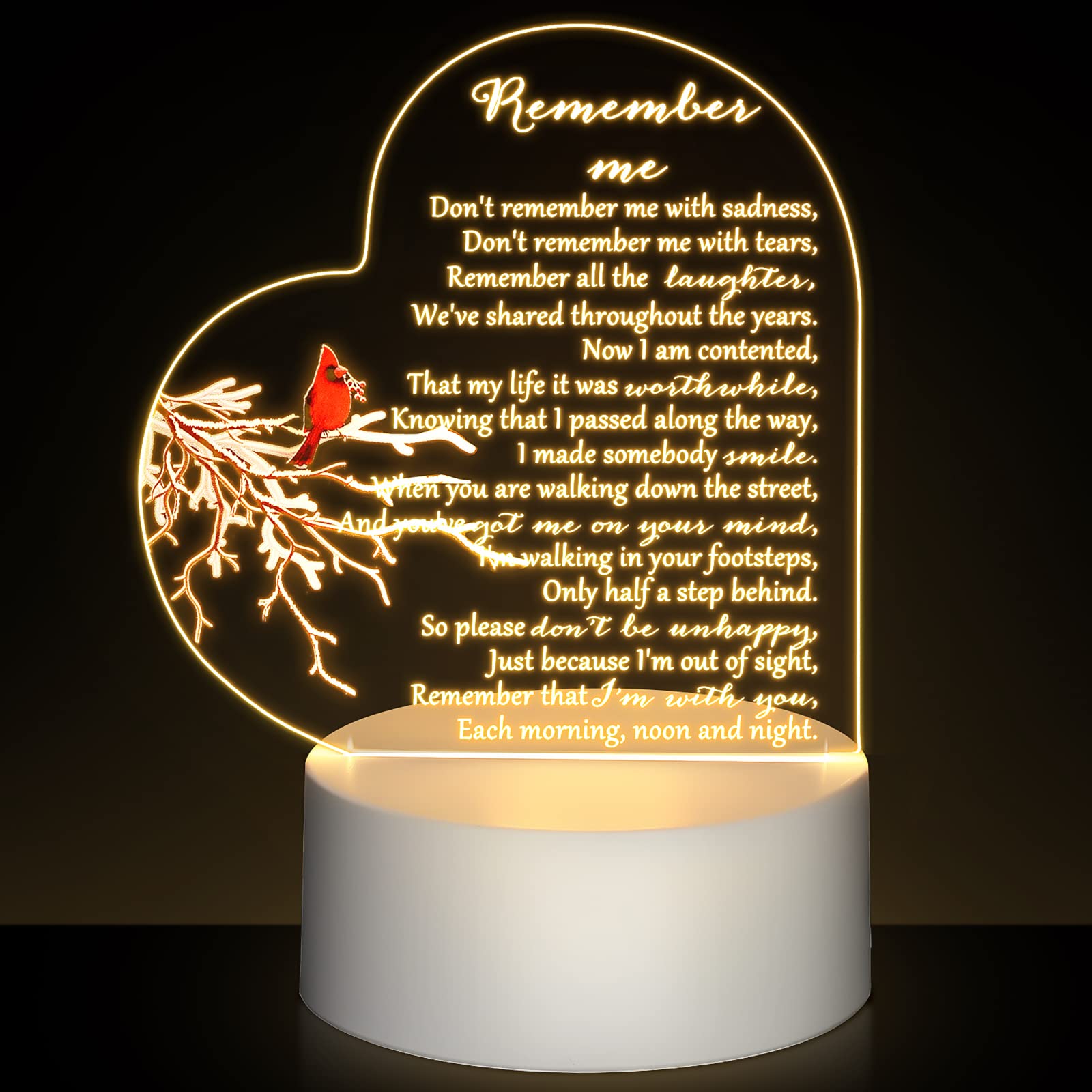 Coume Memorial Gift Night Light Clear Crystal Acrylic Heart Sympathy Gifts Sign Led Light Remembrance Bereavement Decor Condolen