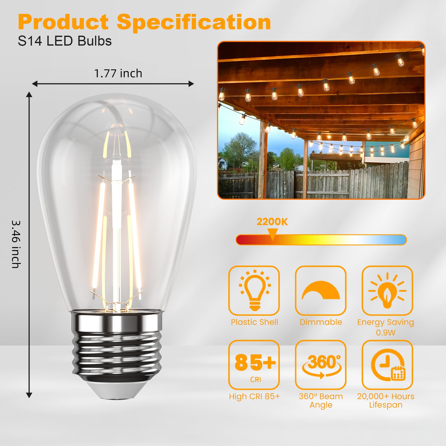 Zuske 25-Pack Led S14 Replacement Light Bulbs, Shatterproof 0.9W Vintage Edison Bulbs For Outdoor Patio Backyard String Lights,