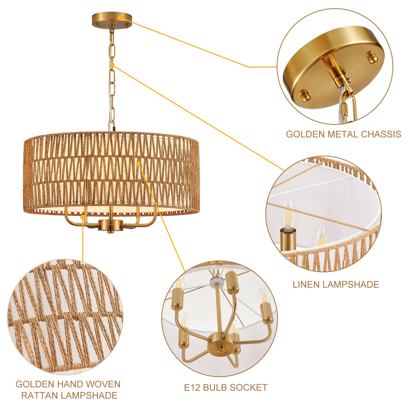 Yomecoo Boho Hand-Woven Rattan Chandelier With Linen Vintage Farmhouse Bamboo Gold Drum Chandelier Light Fixture Modern Wicker R