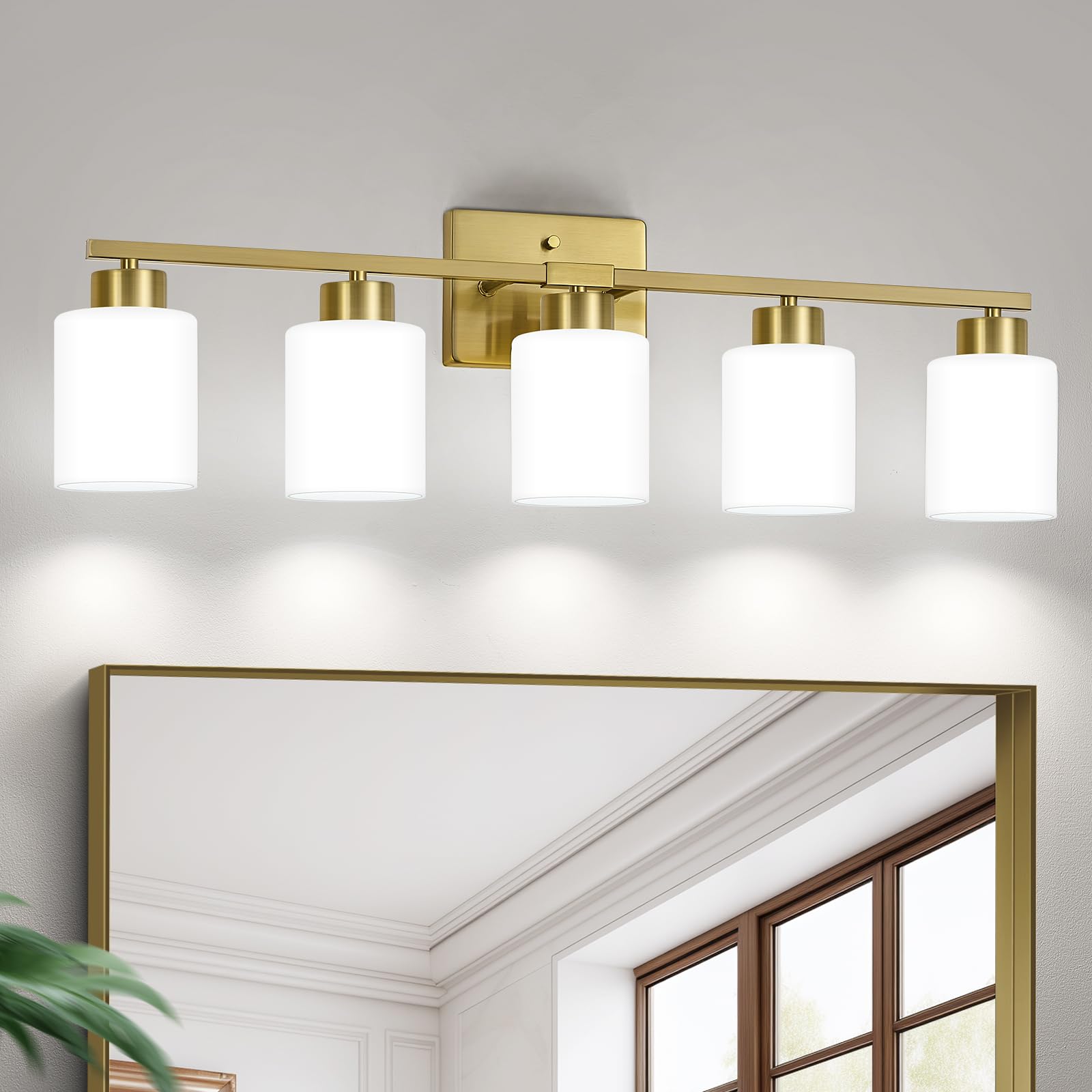 FonmYim 5-Light Bathroom Light Fixture, Brushed Gold Metal Vanity Light with Frosted Glass Shades, Model FY-GB3105-BG5